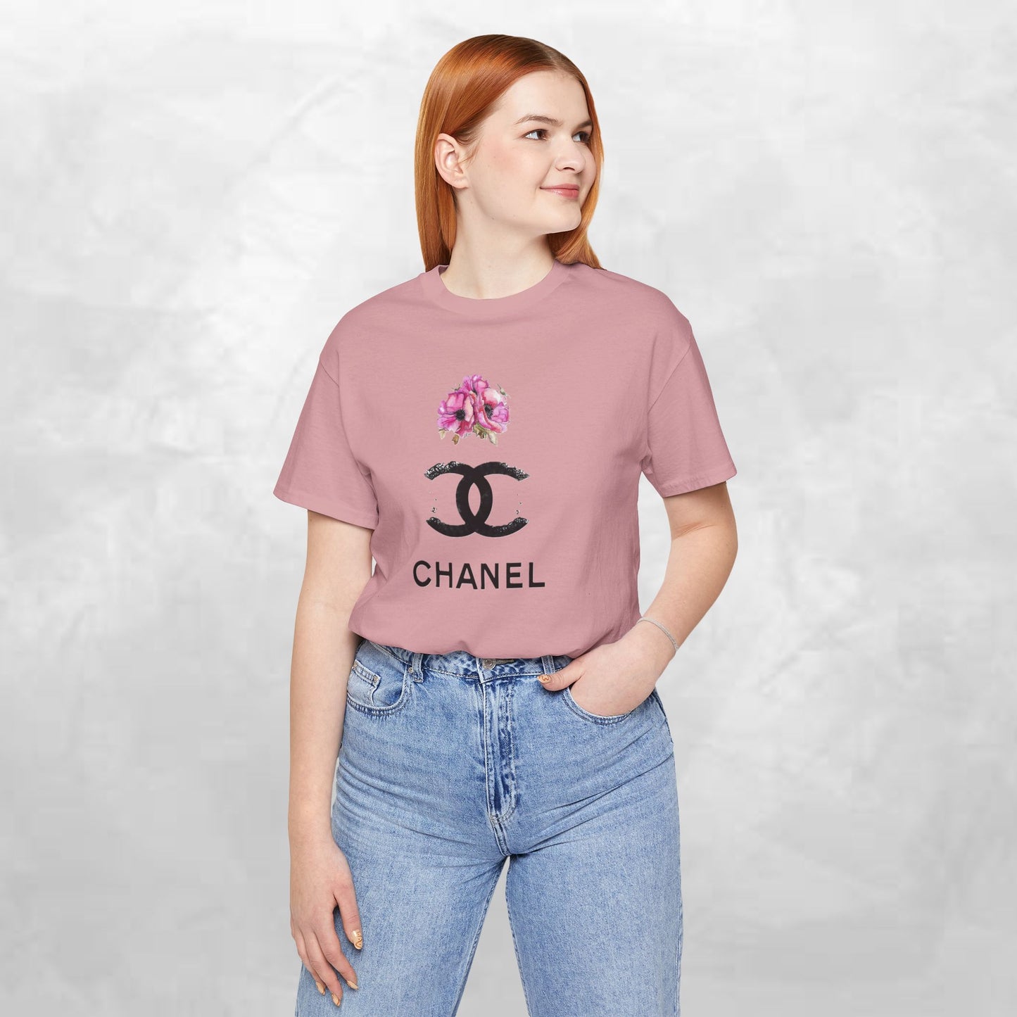 Chic Floral Logo Tee | Stylish Unisex Jersey Short Sleeve T-Shirt, Fashion Tee, Luxury Aesthetic, Gift for Her, Casual Wear, Trendy Apparel