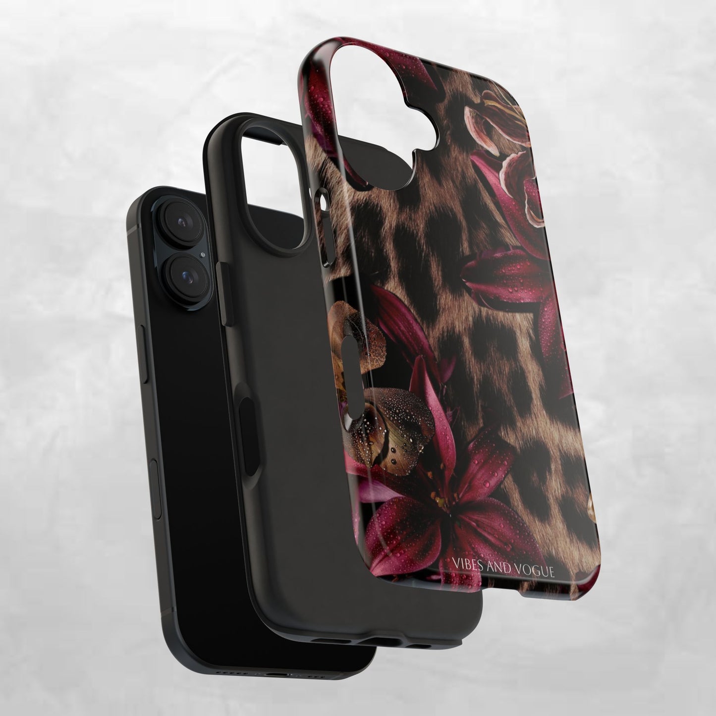 Leopard Bloom Tough Phone Case — Burgundy Floral Protective Cover