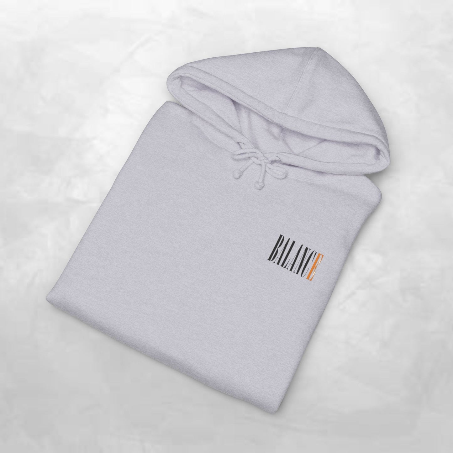 Balance Hoodie — Minimal Front Logo & Orange Camouflage Globe Back Graphic