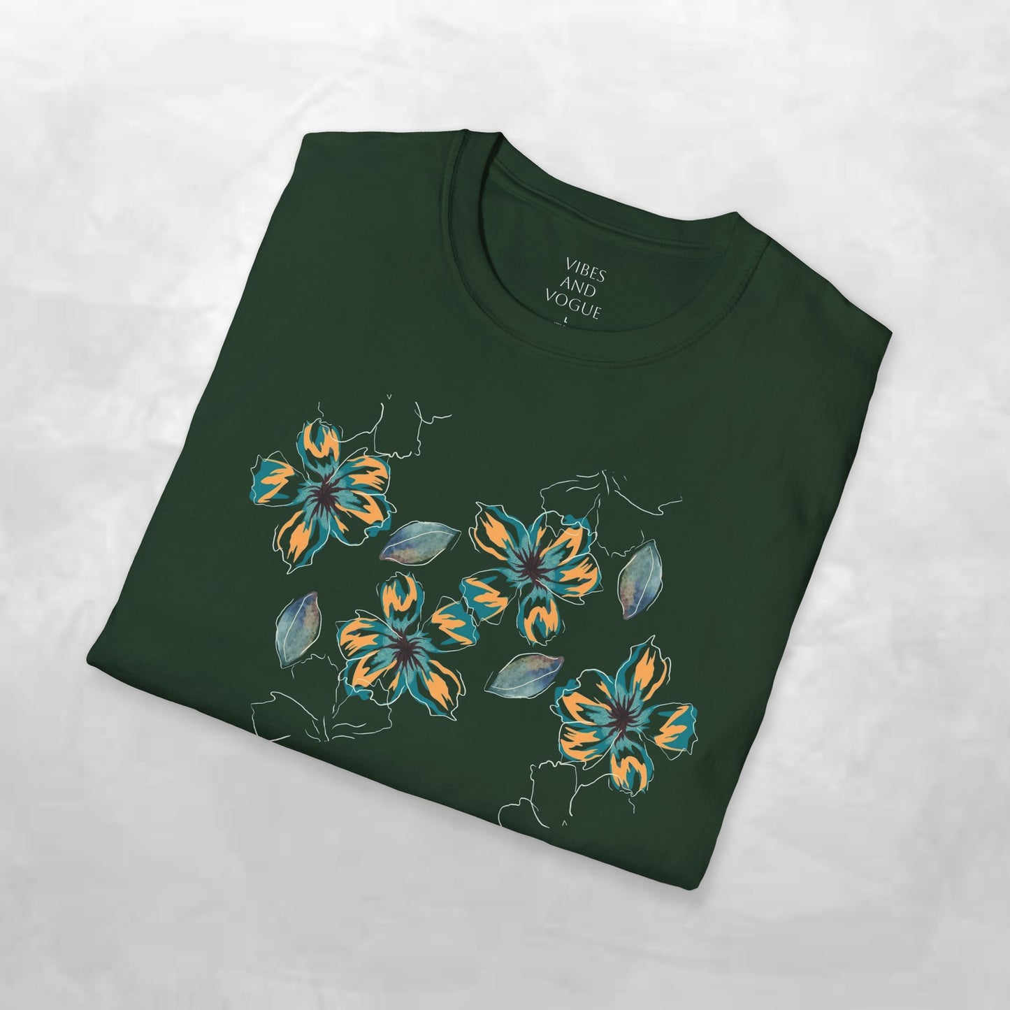 Floral Watercolor Tee — Teal & Gold Blossom Graphic T-Shirt