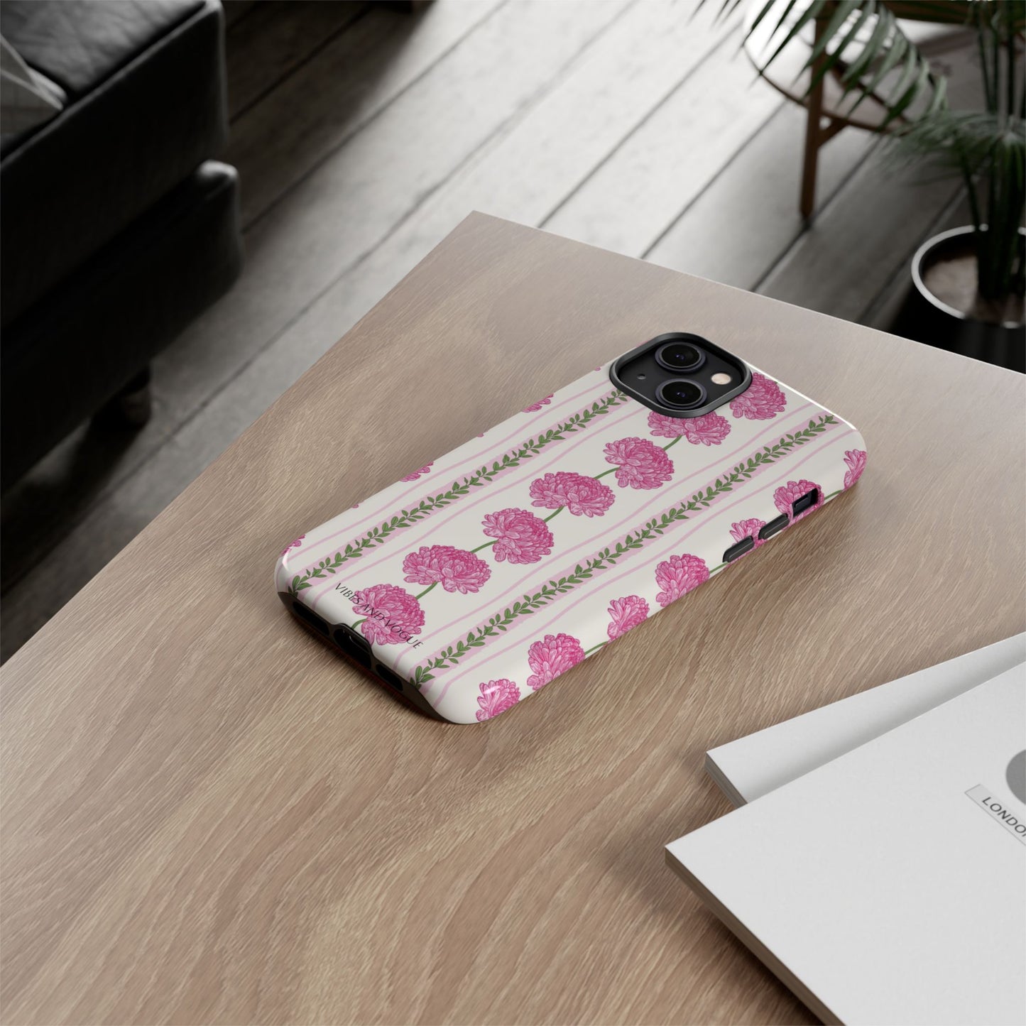 Floral Carnation Phone Case — Pink Vintage Stripe Tough Case