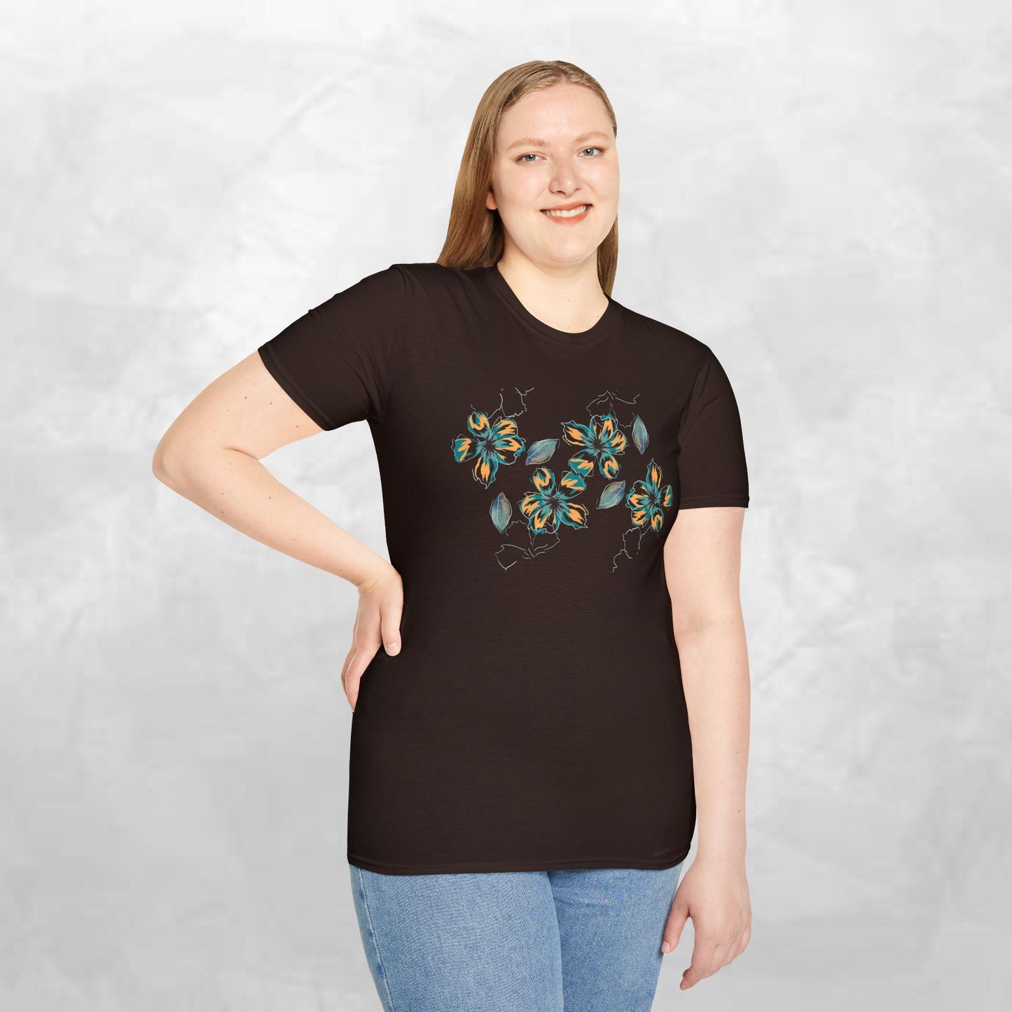 Floral Watercolor Tee — Teal & Gold Blossom Graphic T-Shirt