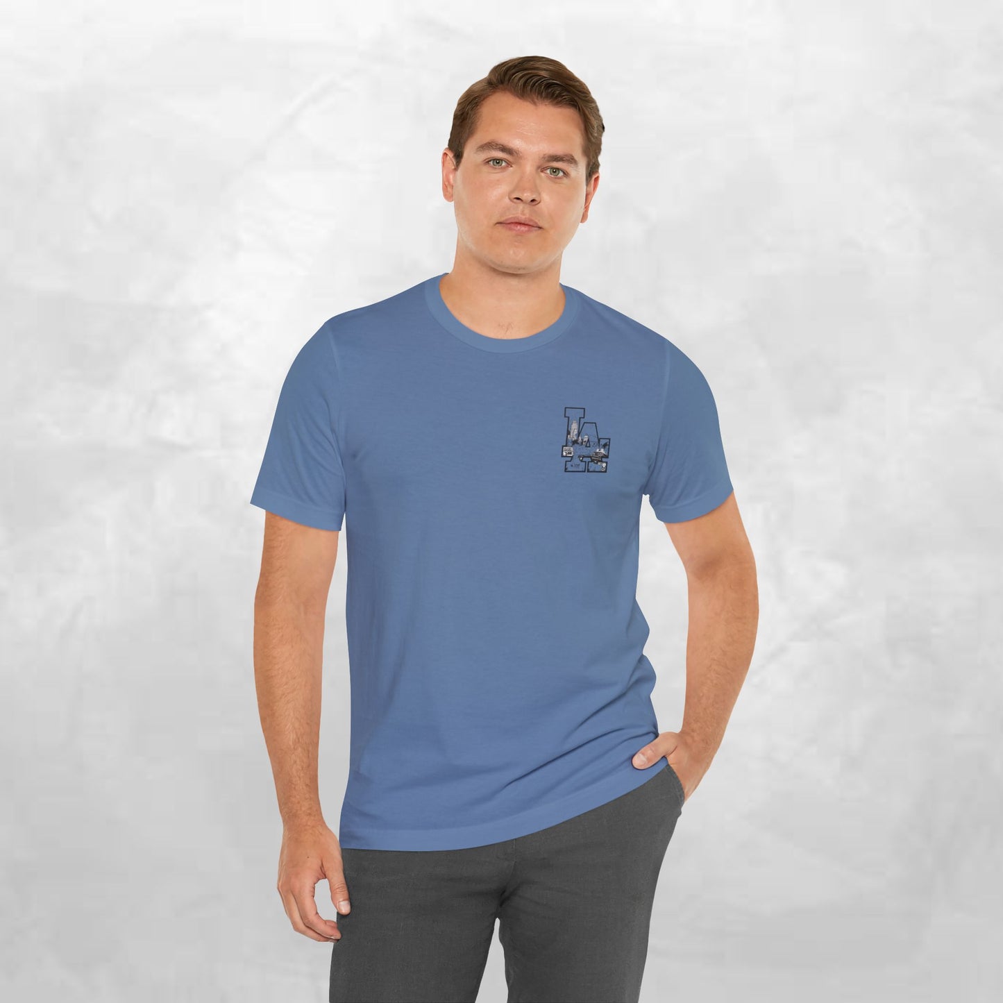 Minimalist Cityscape Pocket Tee — Small Black Line Art Chest Print
