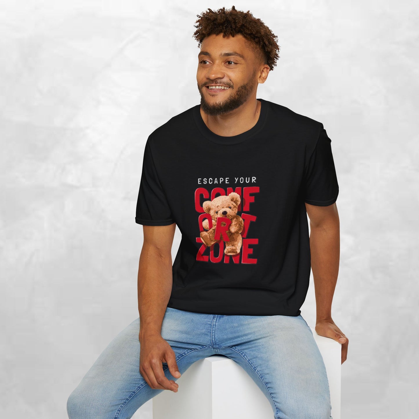 Escape Your Comfort Zone Teddy Bear T-Shirt, Cute Unisex Tee, Motivational Apparel, Gift for Friends, Casual Wear, Unique Design