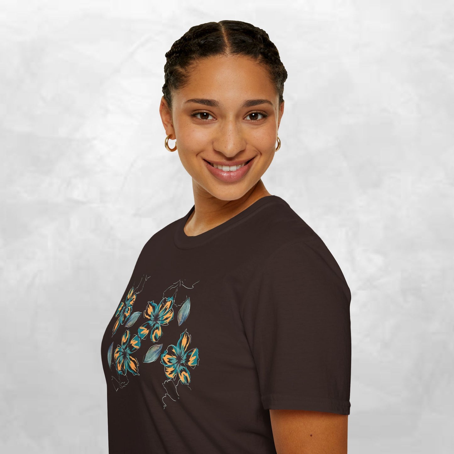 Floral Watercolor Tee — Teal & Gold Blossom Graphic T-Shirt