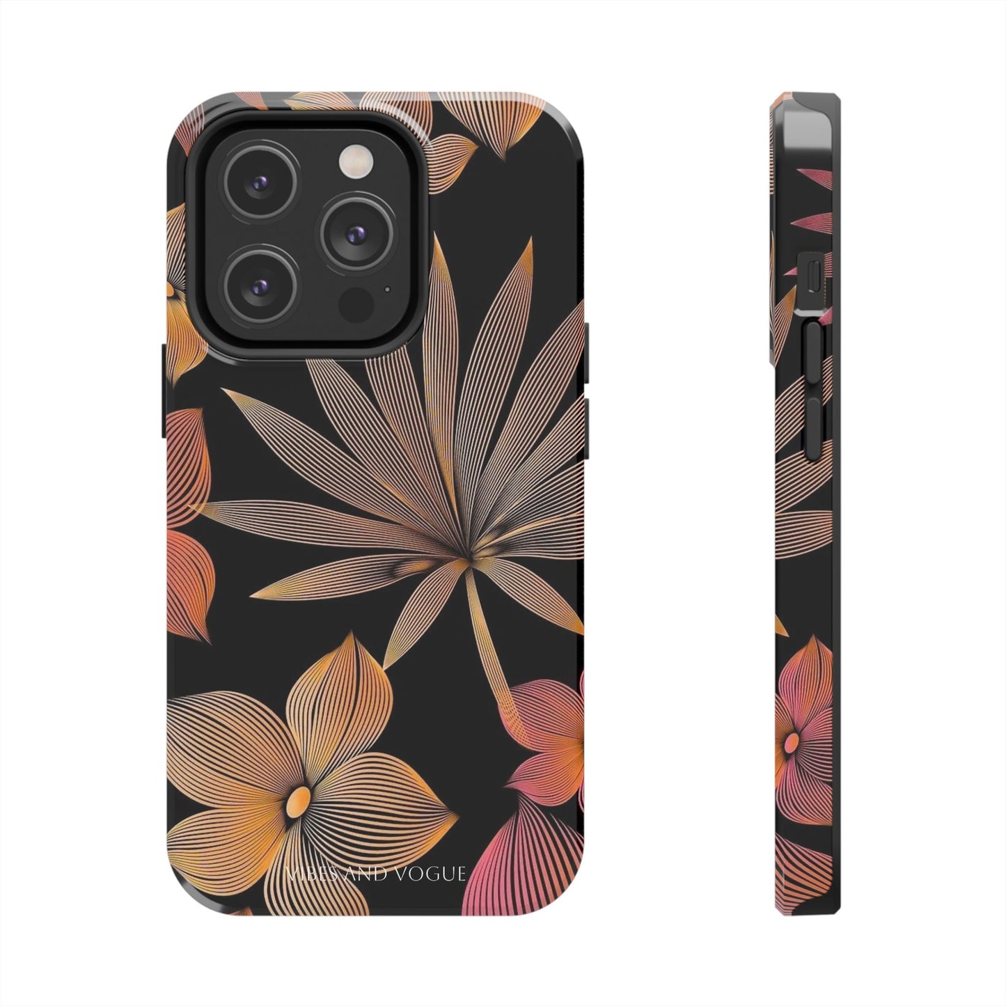 Tough Phone Case — Botanical Line Art Floral Design (Black & Copper)