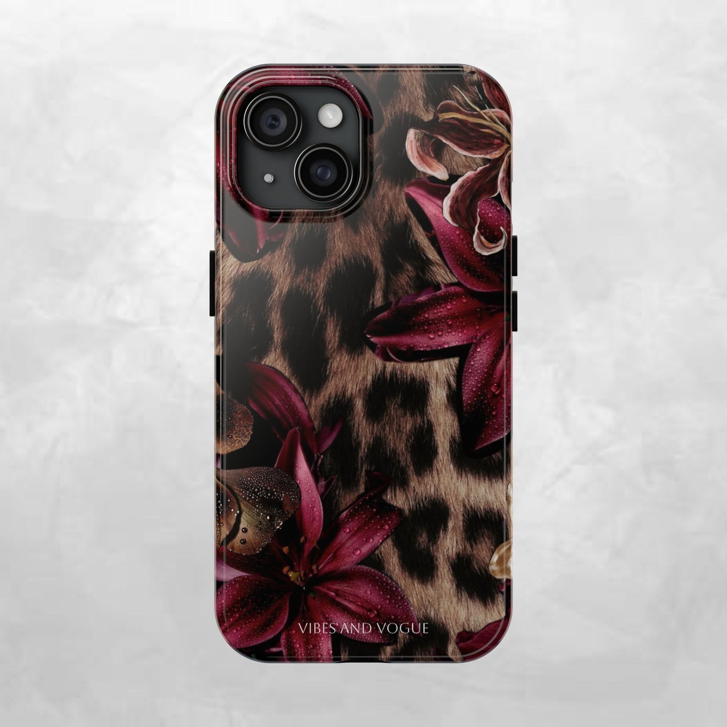 Leopard Bloom Tough Phone Case — Burgundy Floral Protective Cover