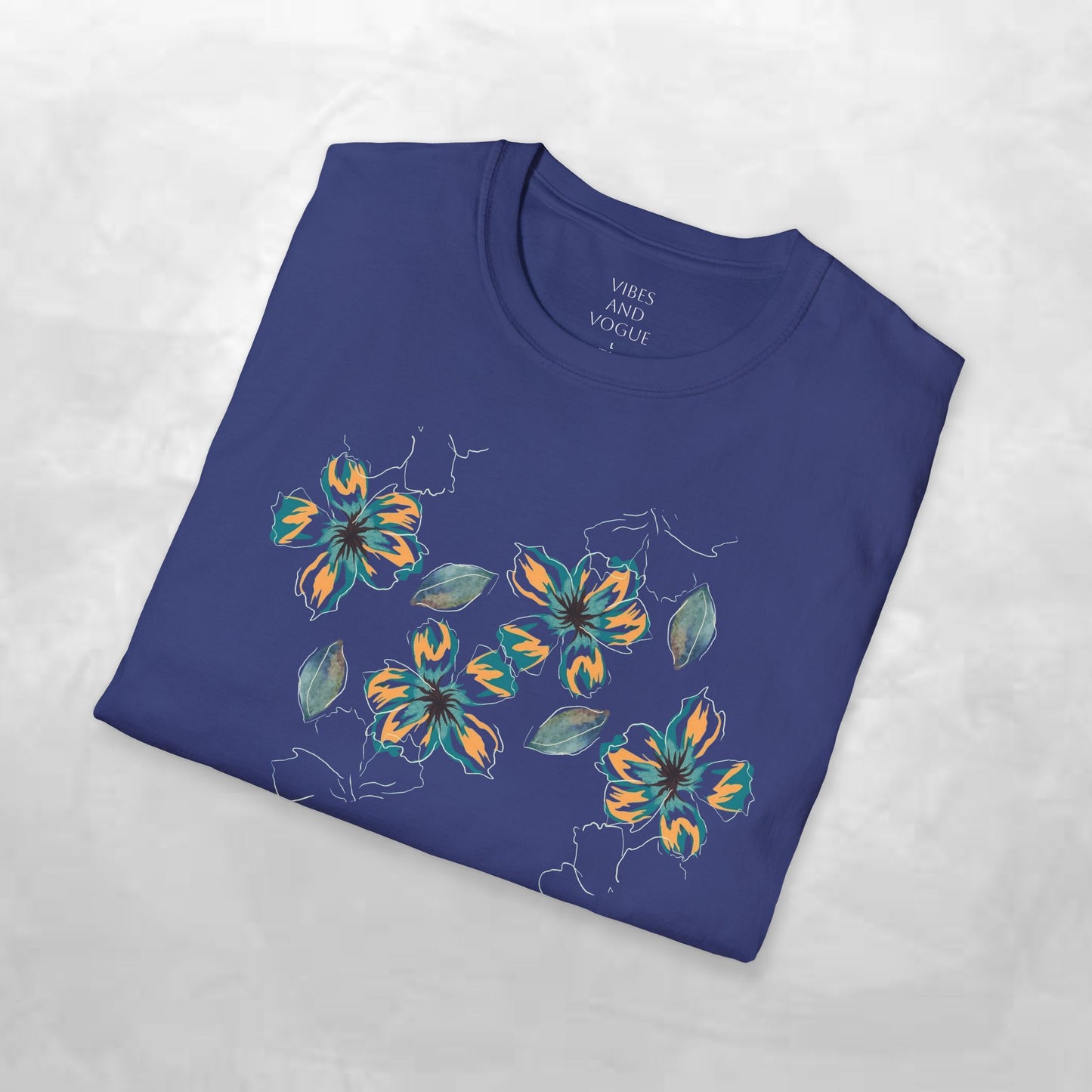 Floral Watercolor Tee — Teal & Gold Blossom Graphic T-Shirt