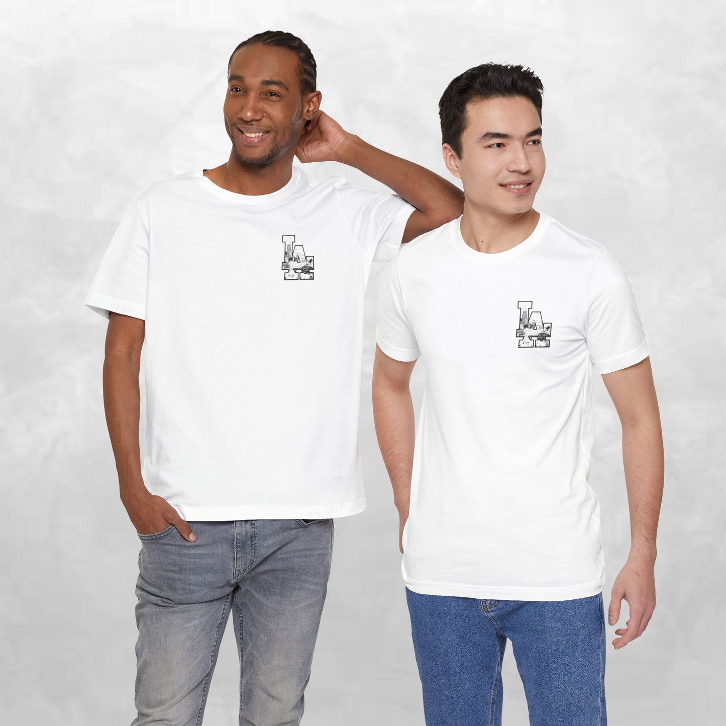 Minimalist Cityscape Pocket Tee — Small Black Line Art Chest Print