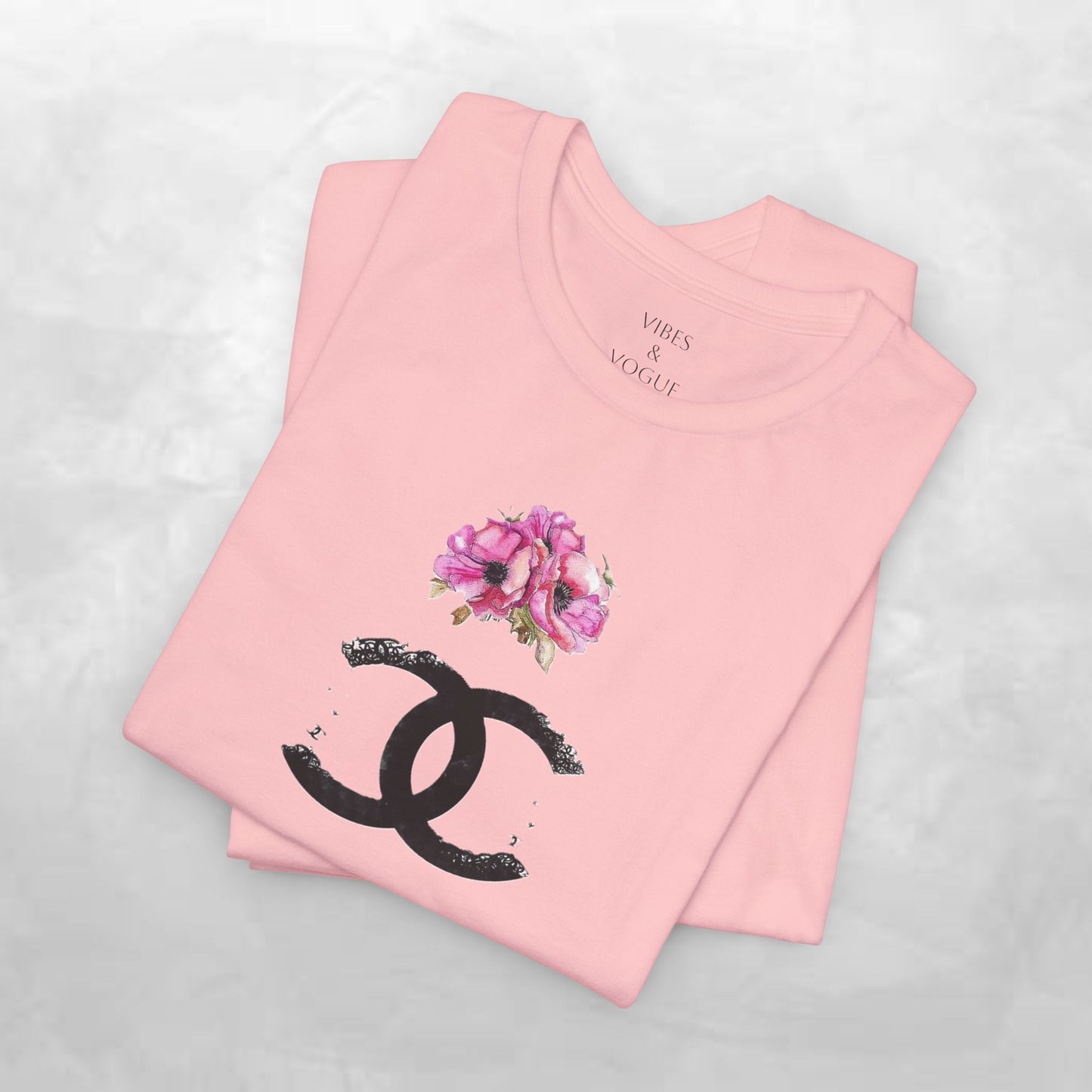 Chic Floral Logo Tee | Stylish Unisex Jersey Short Sleeve T-Shirt, Fashion Tee, Luxury Aesthetic, Gift for Her, Casual Wear, Trendy Apparel