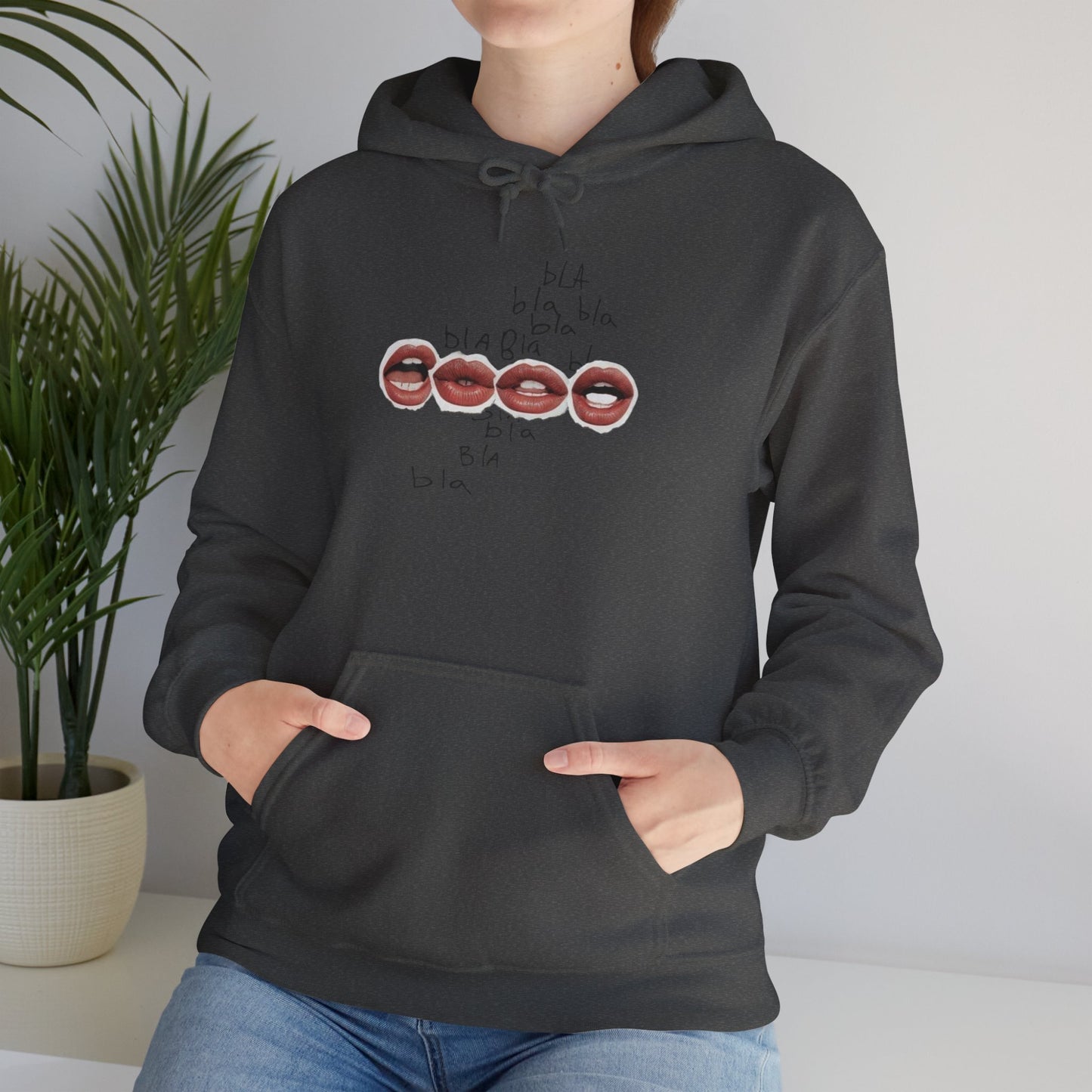 Graphic Hoodie — 'BLA BLA' Lip Print Pullover