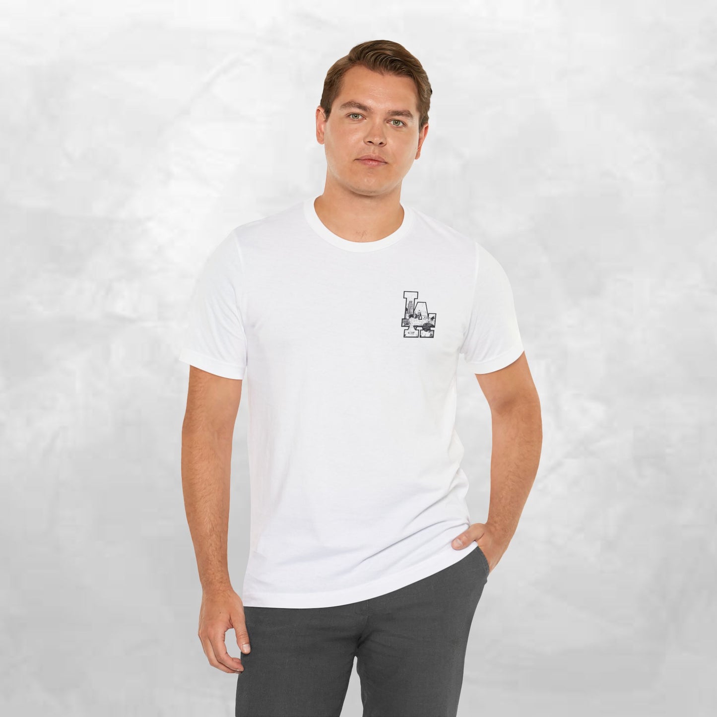 Minimalist Cityscape Pocket Tee — Small Black Line Art Chest Print