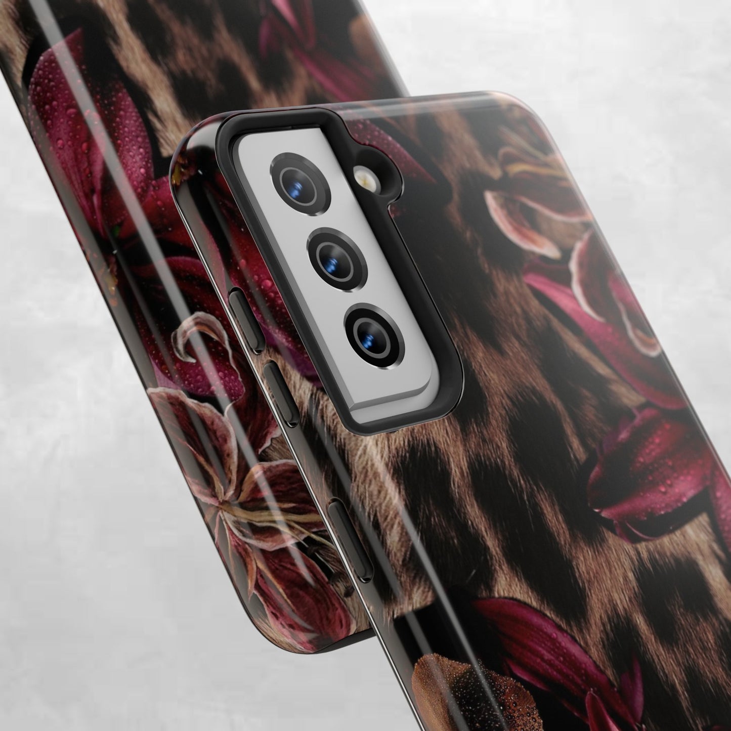 Leopard Bloom Tough Phone Case — Burgundy Floral Protective Cover