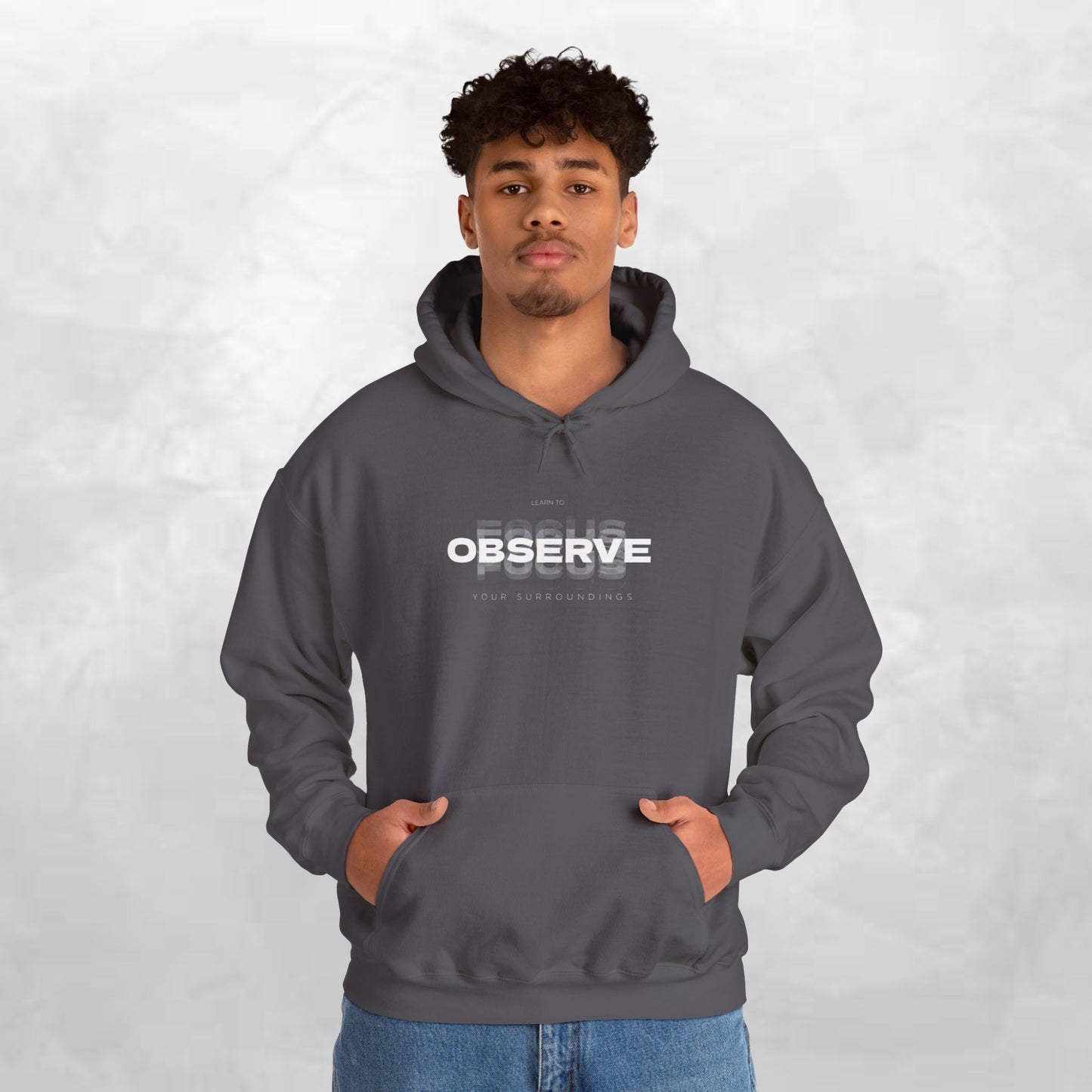 Observe Hoodie — Minimalist Glitch Text Black Pullover