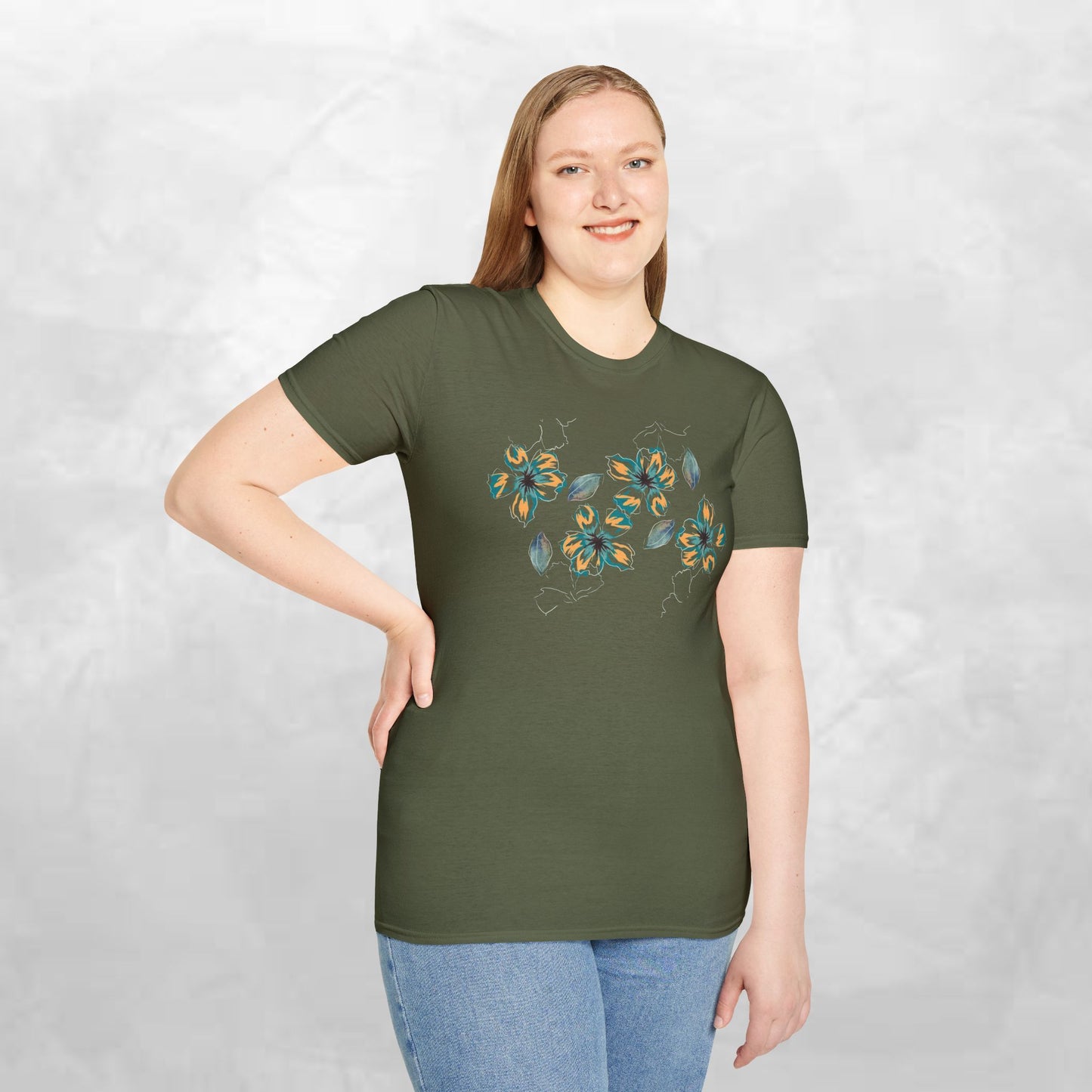 Floral Watercolor Tee — Teal & Gold Blossom Graphic T-Shirt