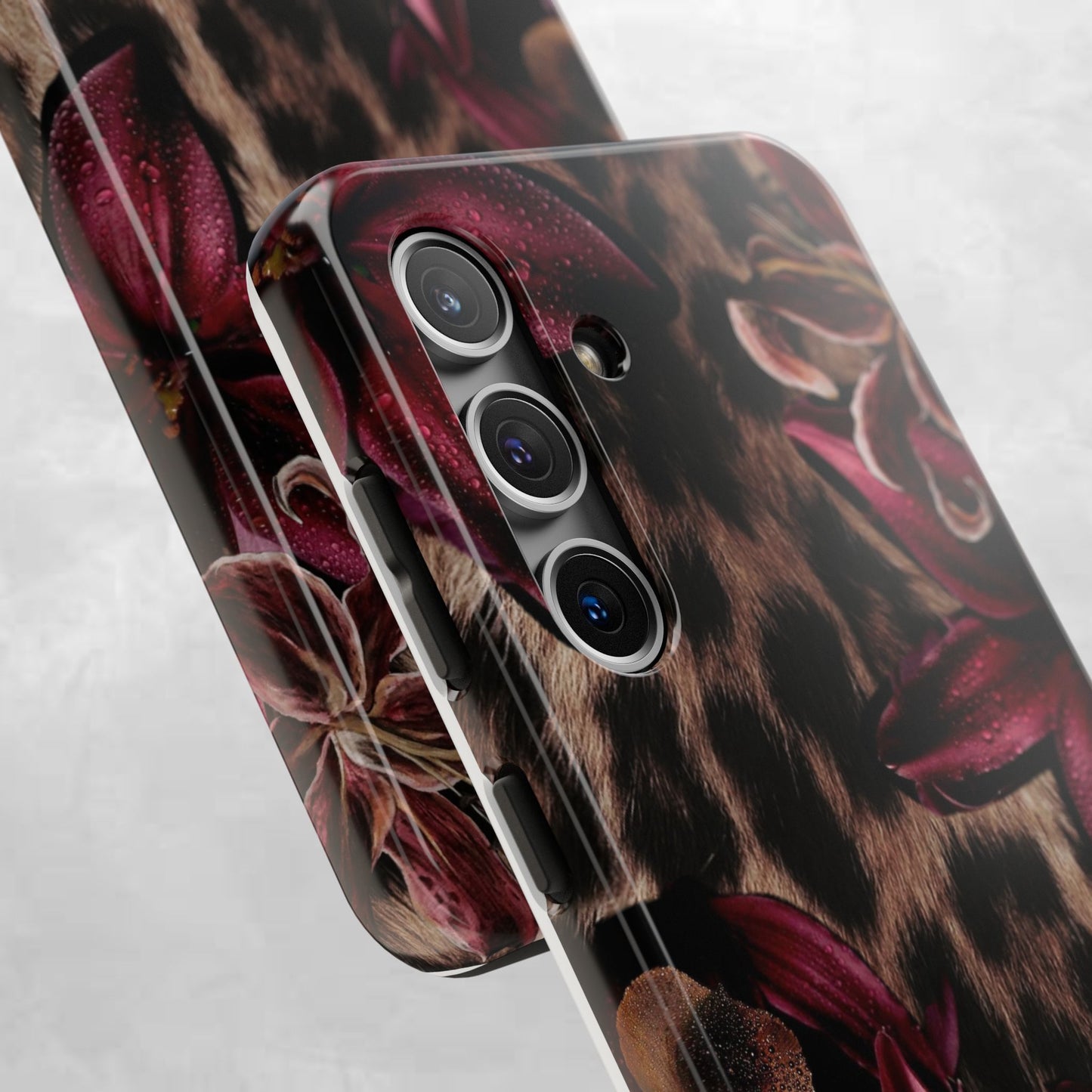 Leopard Bloom Tough Phone Case — Burgundy Floral Protective Cover