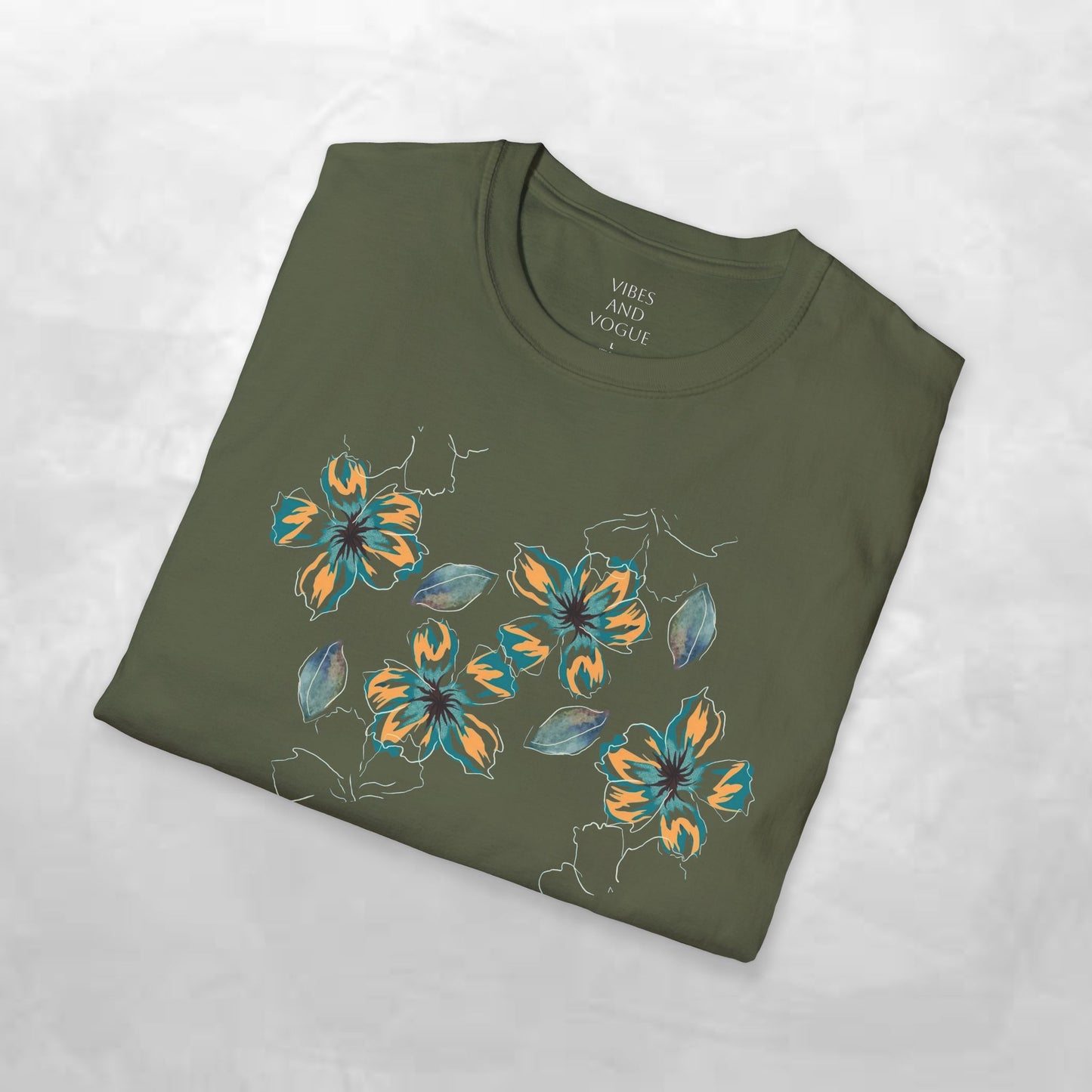 Floral Watercolor Tee — Teal & Gold Blossom Graphic T-Shirt