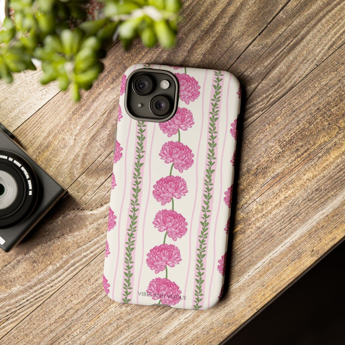Floral Carnation Phone Case — Pink Vintage Stripe Tough Case