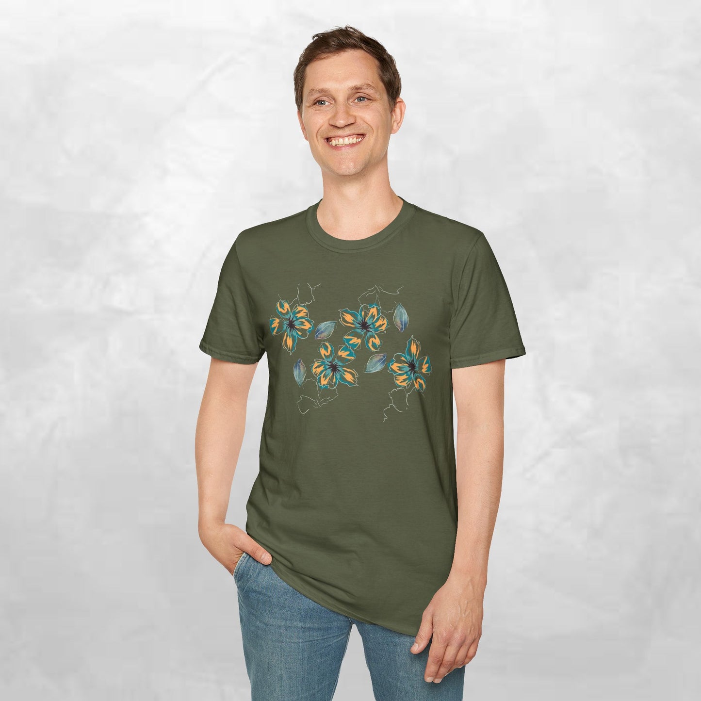Floral Watercolor Tee — Teal & Gold Blossom Graphic T-Shirt