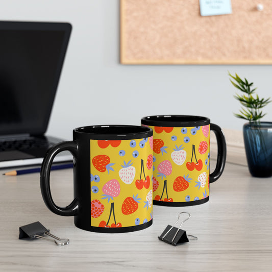 Colorful Fruit Pattern Mug - 11oz & 15oz Black Ceramic Coffee Cup