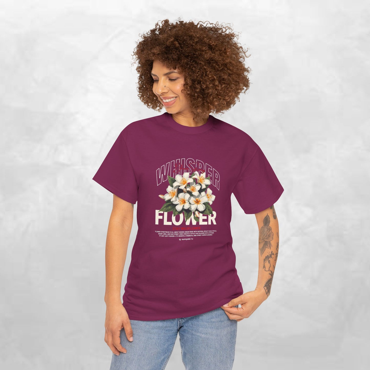 Floral "Whisper Flower" Graphic Tee — Vintage Plumeria Blossom Shirt