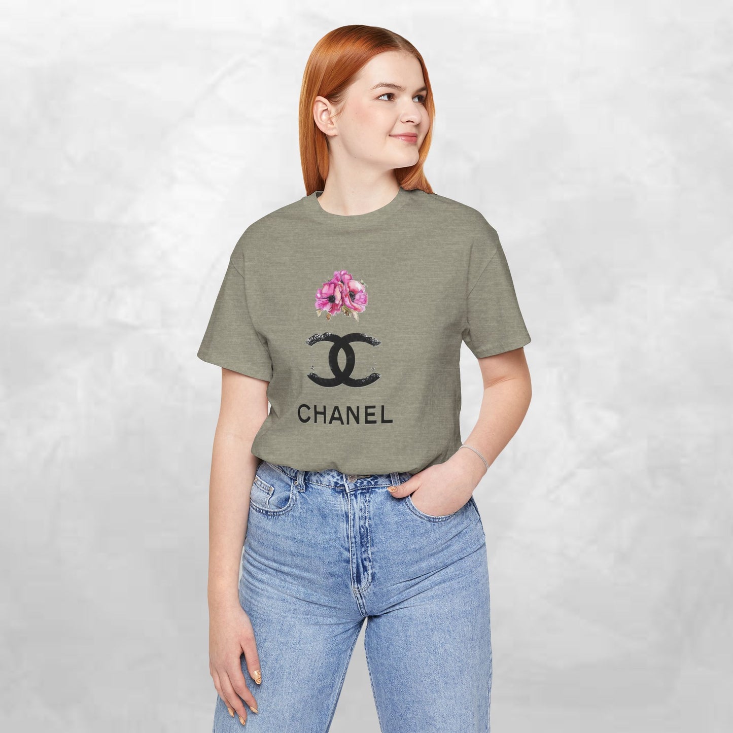 Chic Floral Logo Tee | Stylish Unisex Jersey Short Sleeve T-Shirt, Fashion Tee, Luxury Aesthetic, Gift for Her, Casual Wear, Trendy Apparel