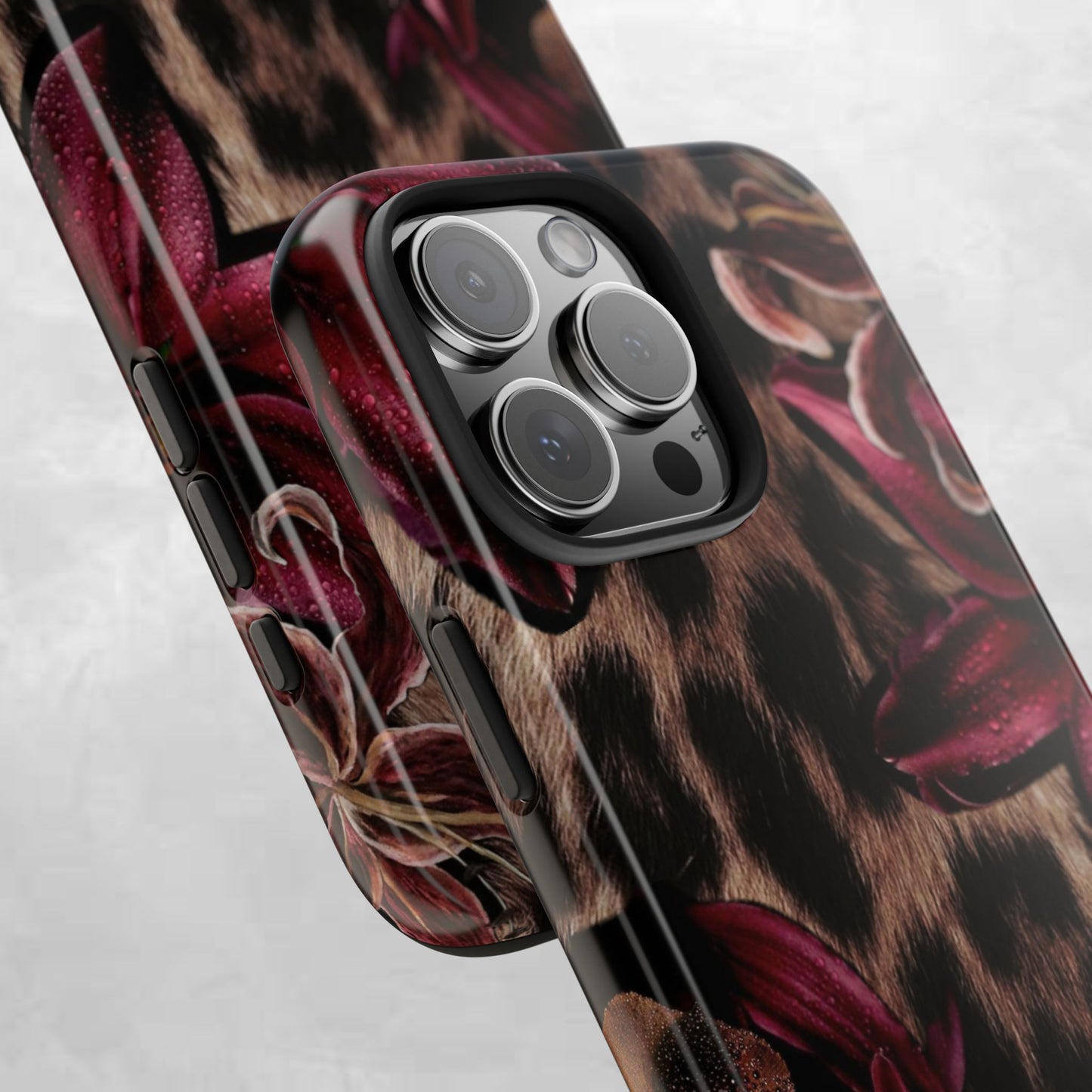 Leopard Bloom Tough Phone Case — Burgundy Floral Protective Cover