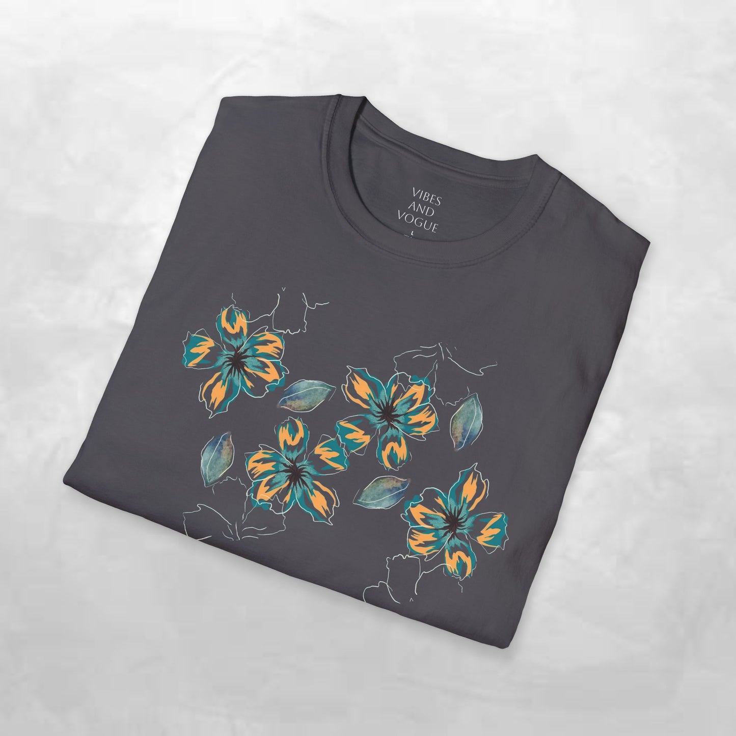 Floral Watercolor Tee — Teal & Gold Blossom Graphic T-Shirt