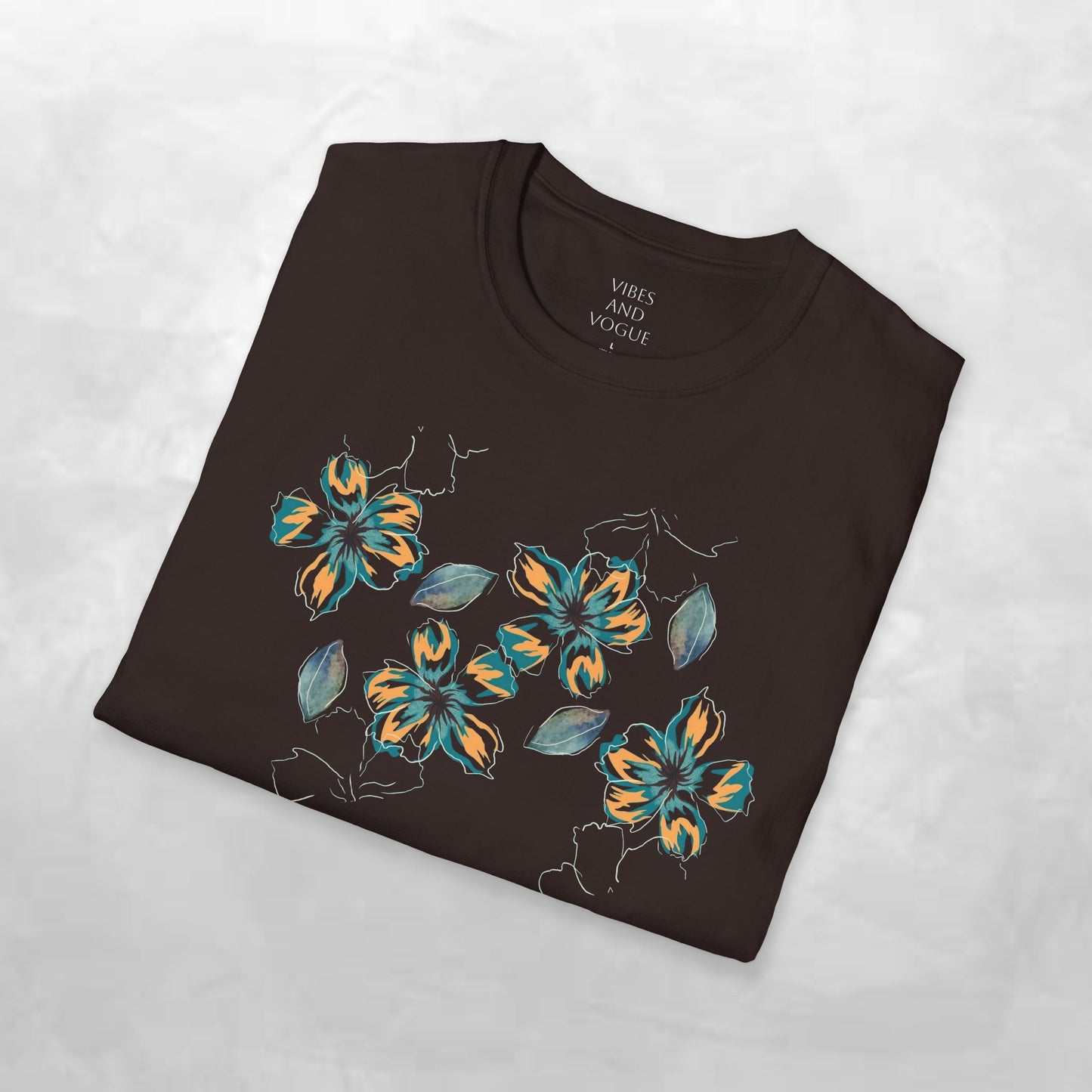 Floral Watercolor Tee — Teal & Gold Blossom Graphic T-Shirt