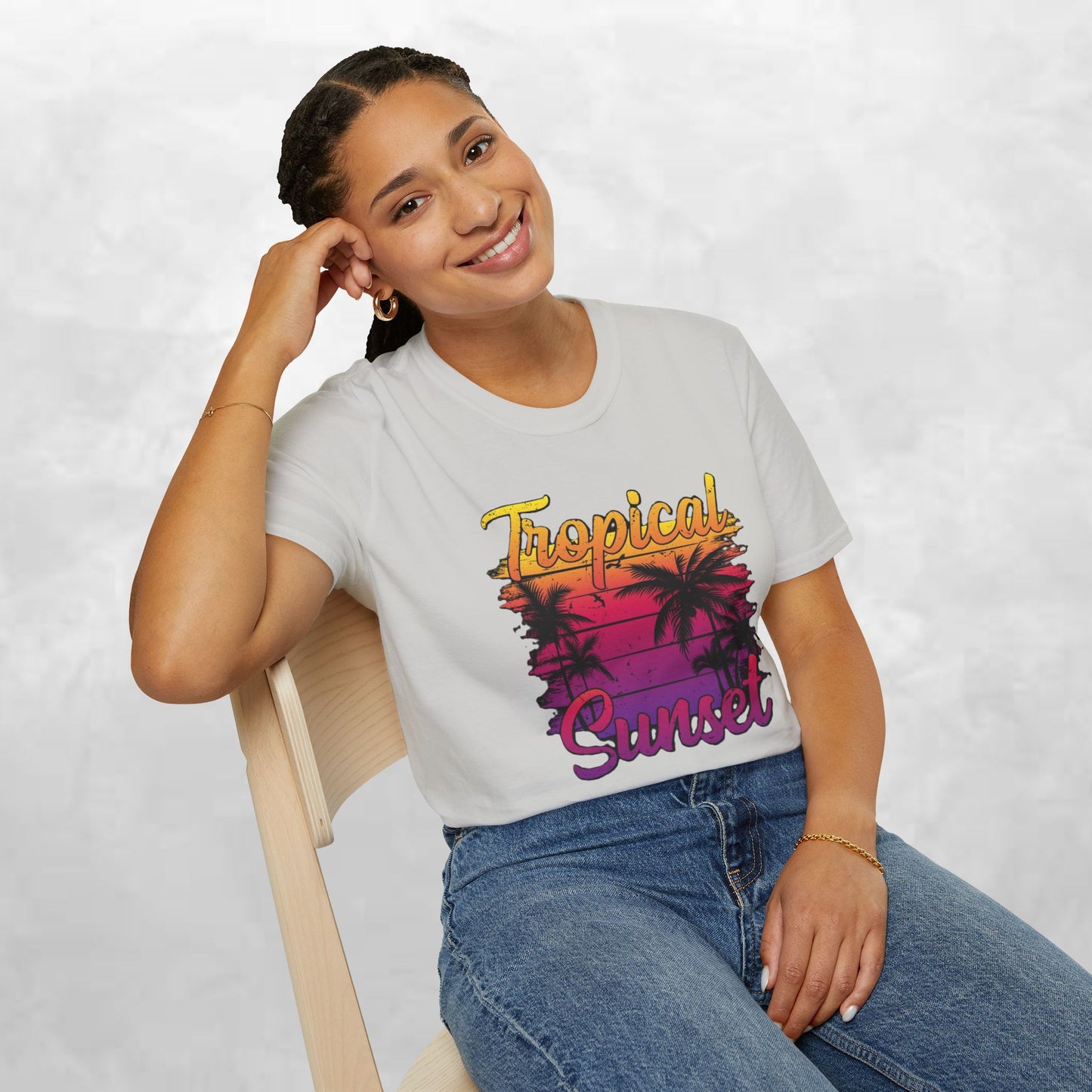 Tropical Sunset Unisex Softstyle T-Shirt – Perfect for Summer Vibes and Beach Lovers