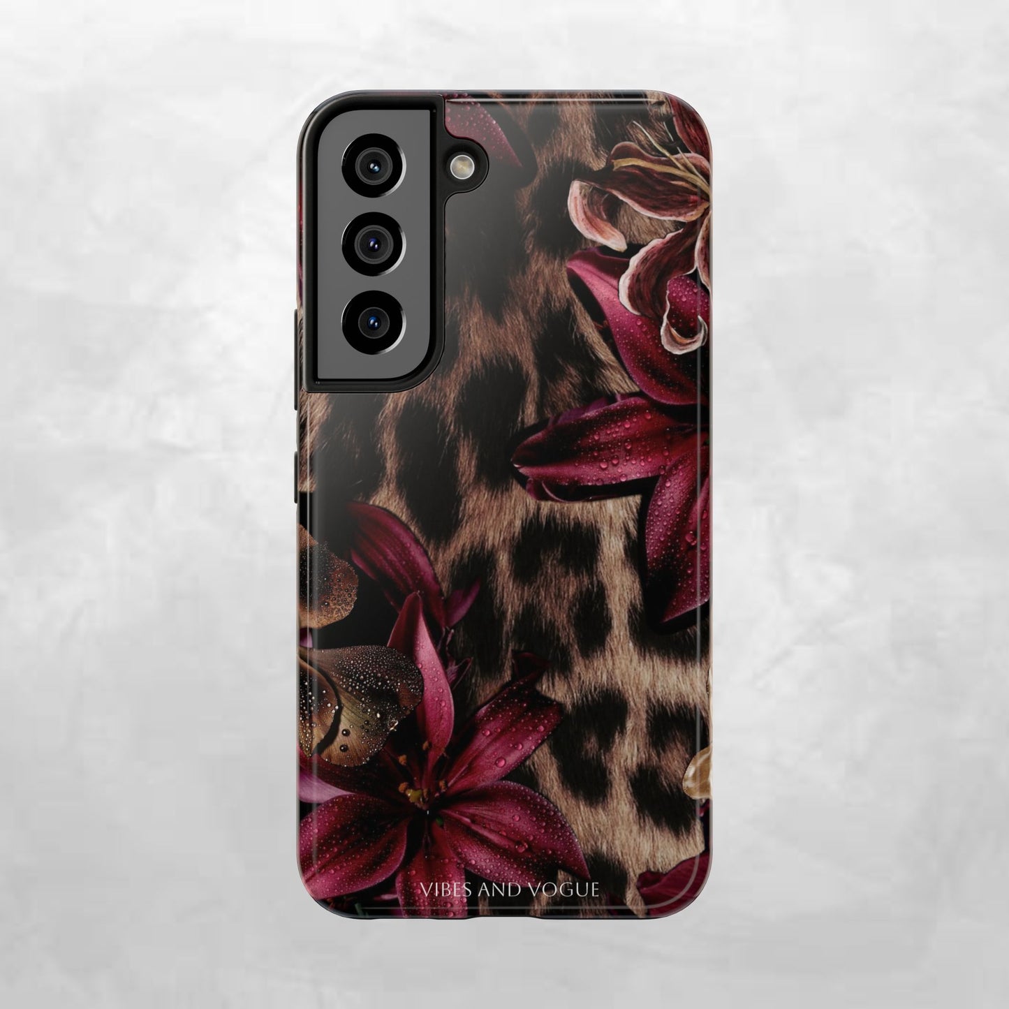 Leopard Bloom Tough Phone Case — Burgundy Floral Protective Cover
