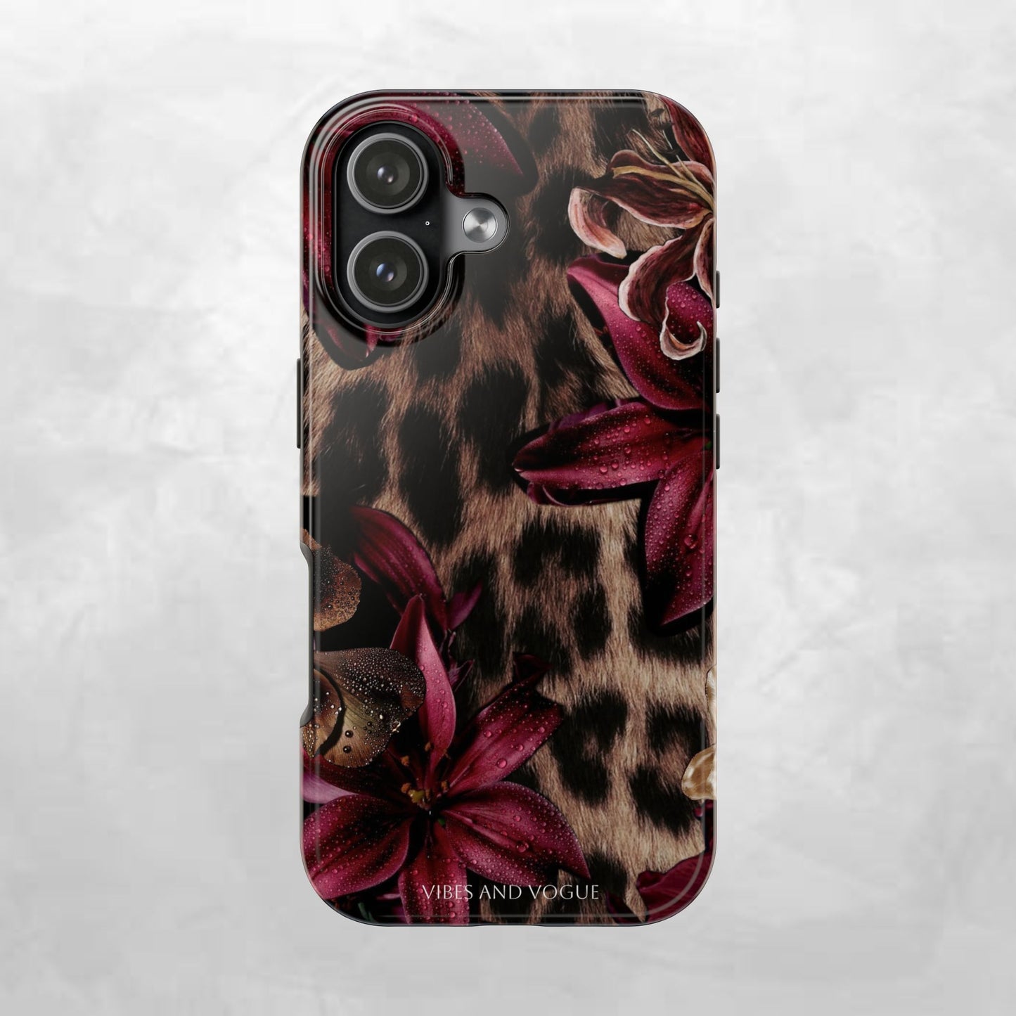 Leopard Bloom Tough Phone Case — Burgundy Floral Protective Cover
