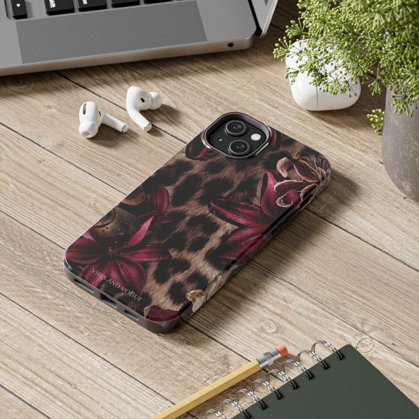 Leopard Bloom Tough Phone Case — Burgundy Floral Protective Cover