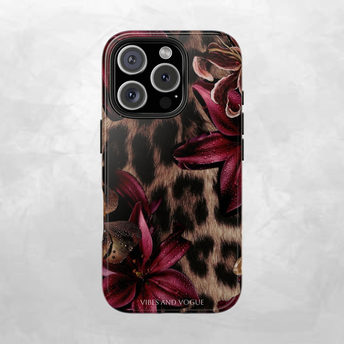 Leopard Bloom Tough Phone Case — Burgundy Floral Protective Cover