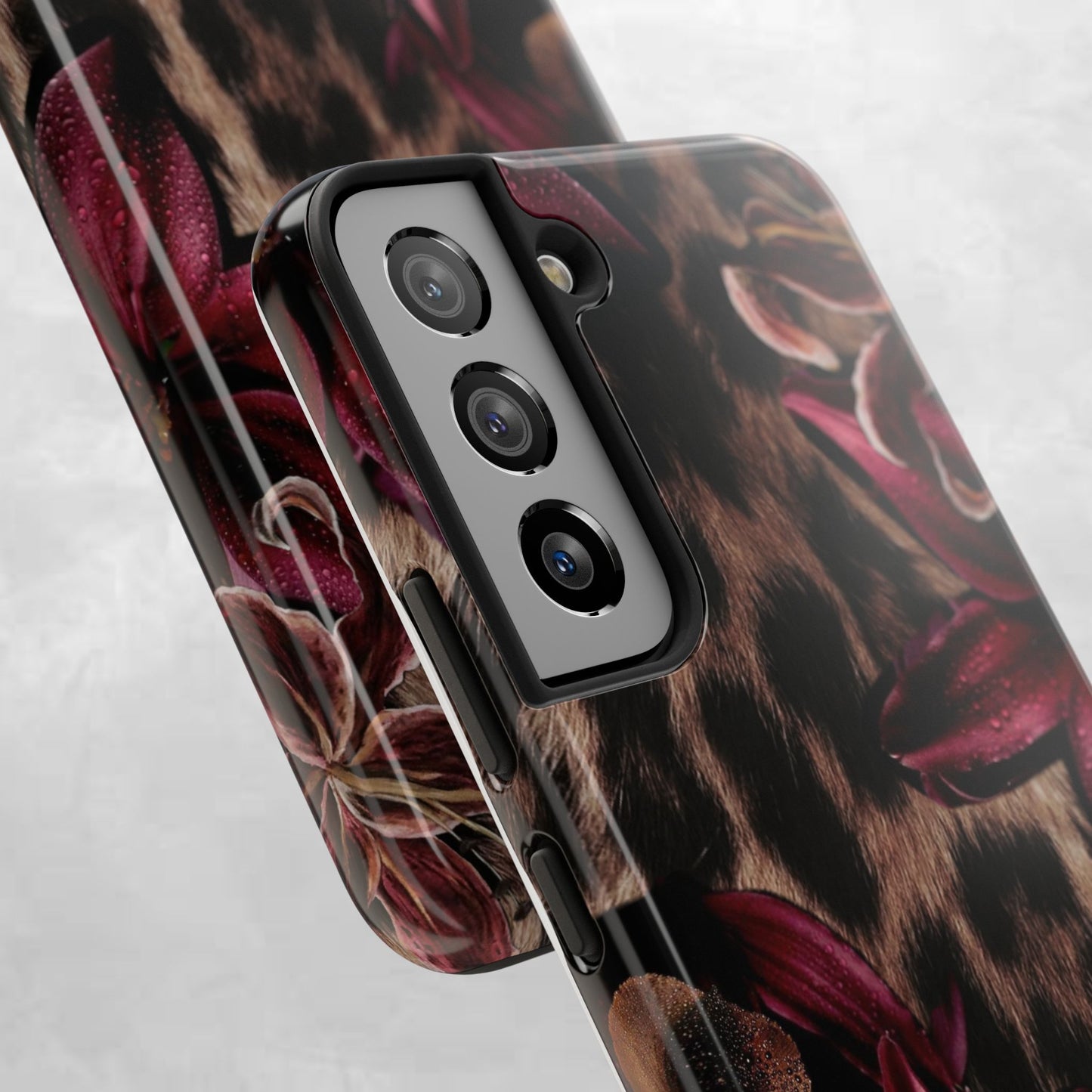Leopard Bloom Tough Phone Case — Burgundy Floral Protective Cover