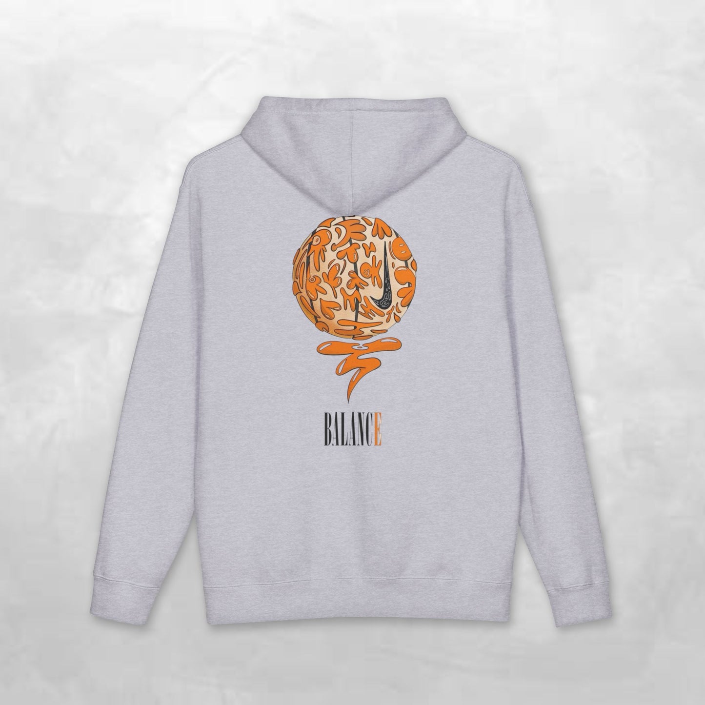 Balance Hoodie — Minimal Front Logo & Orange Camouflage Globe Back Graphic
