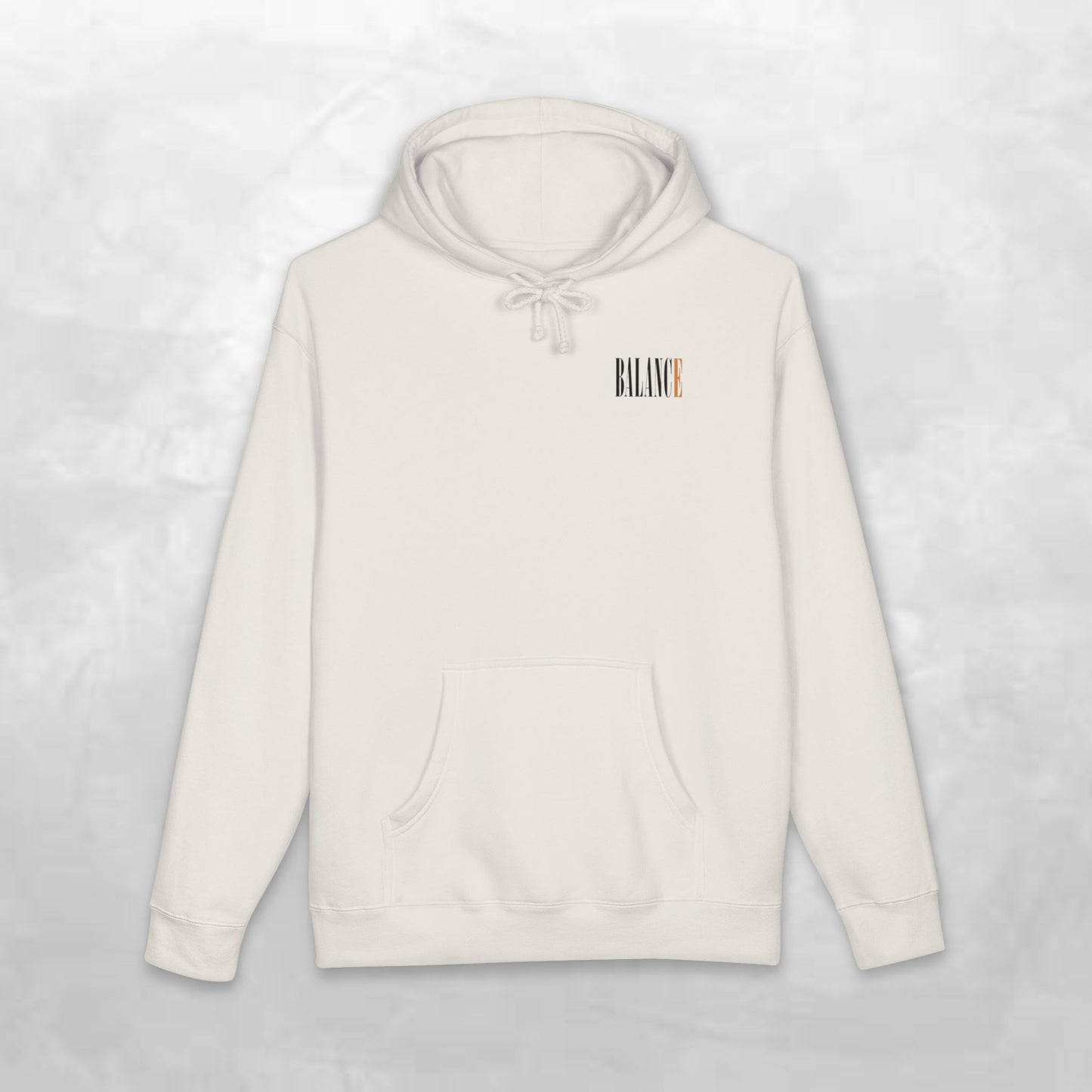 Balance Hoodie — Minimal Front Logo & Orange Camouflage Globe Back Graphic