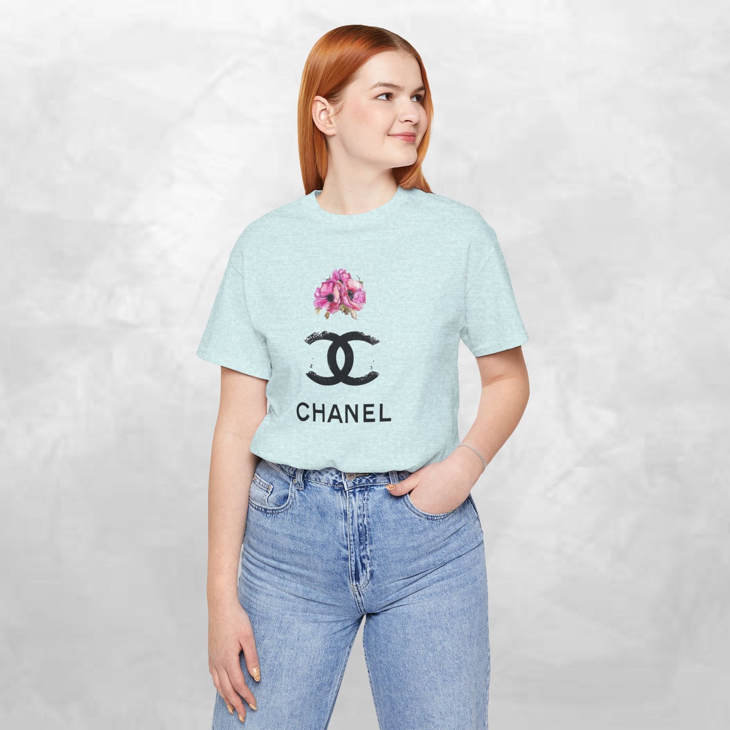 Chic Floral Logo Tee | Stylish Unisex Jersey Short Sleeve T-Shirt, Fashion Tee, Luxury Aesthetic, Gift for Her, Casual Wear, Trendy Apparel