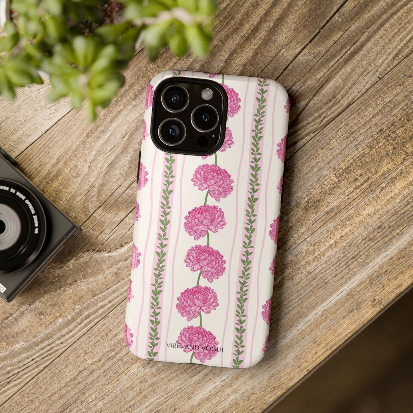 Floral Carnation Phone Case — Pink Vintage Stripe Tough Case