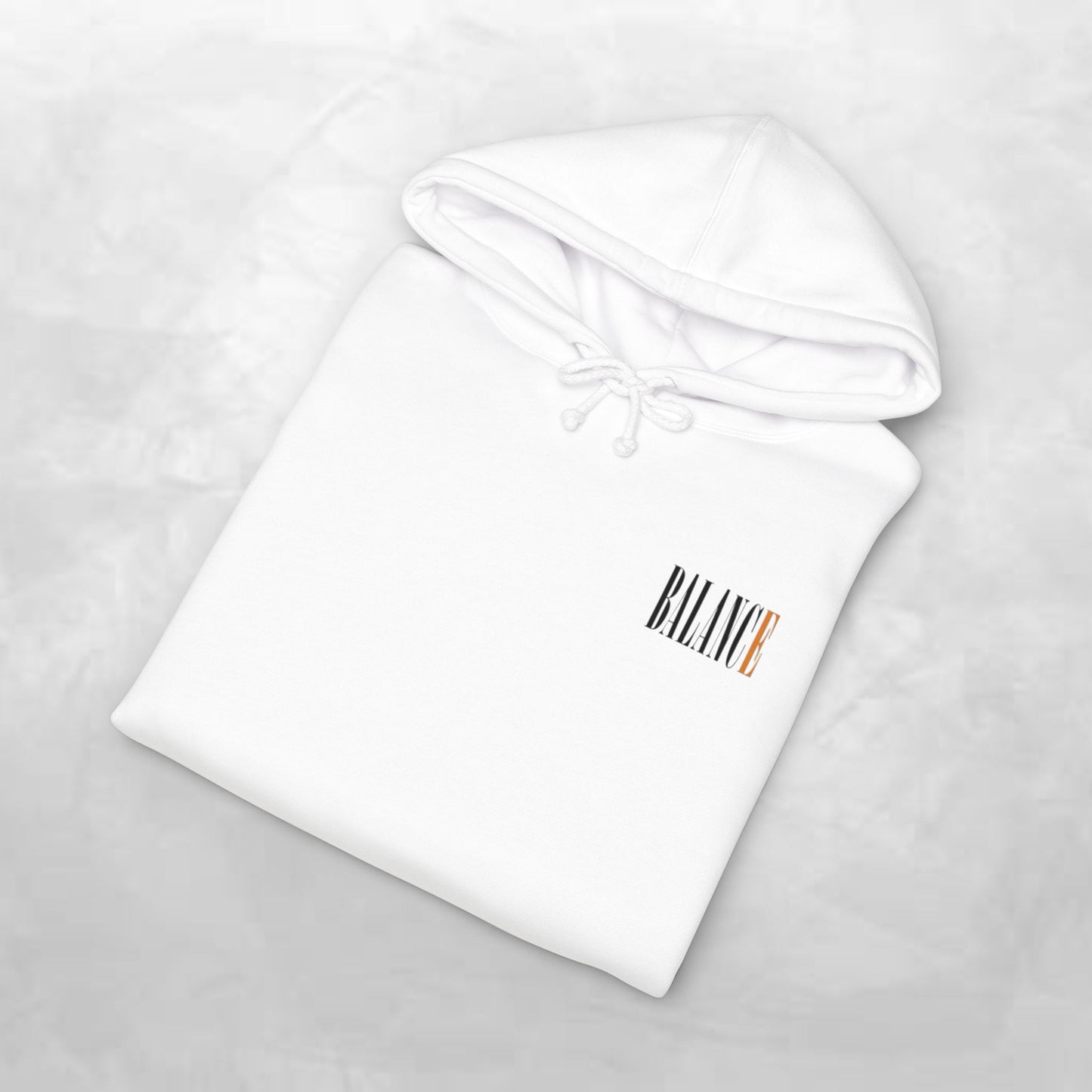 Balance Hoodie — Minimal Front Logo & Orange Camouflage Globe Back Graphic