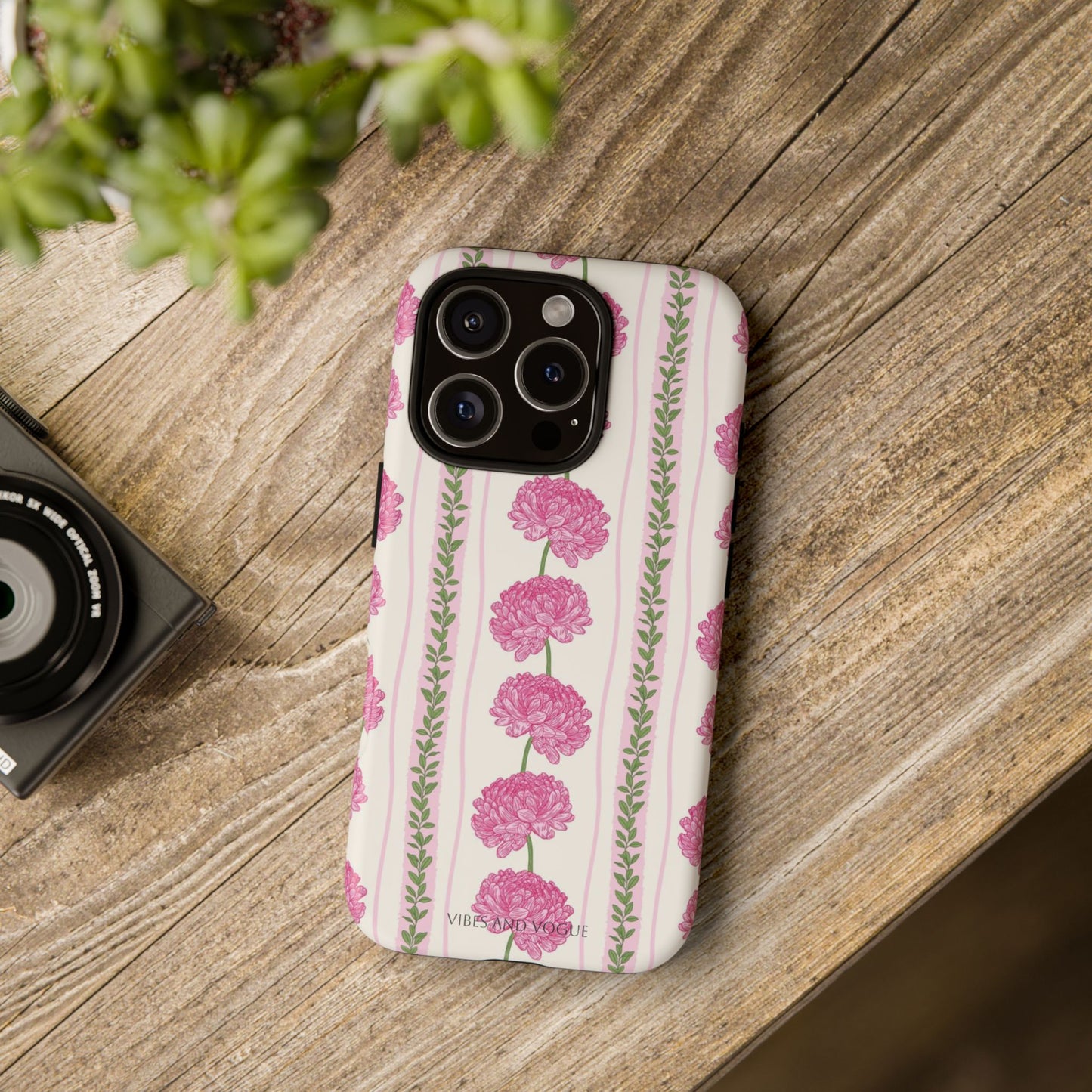 Floral Carnation Phone Case — Pink Vintage Stripe Tough Case
