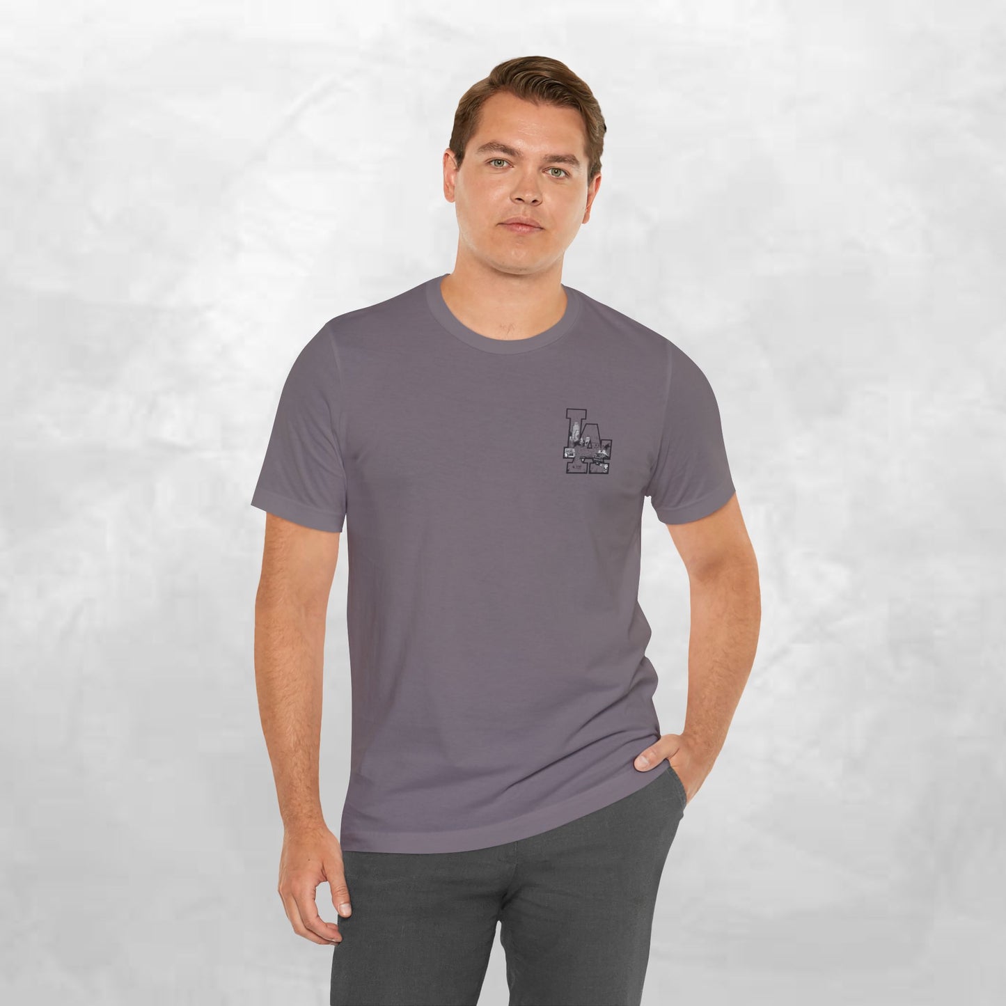 Minimalist Cityscape Pocket Tee — Small Black Line Art Chest Print