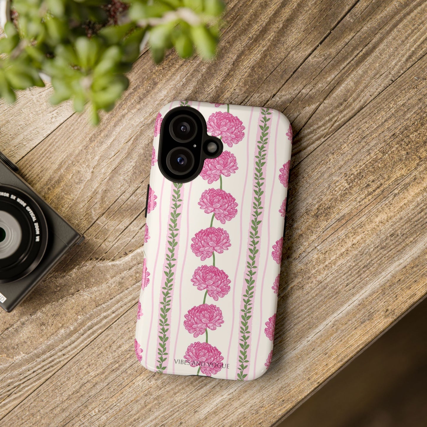 Floral Carnation Phone Case — Pink Vintage Stripe Tough Case
