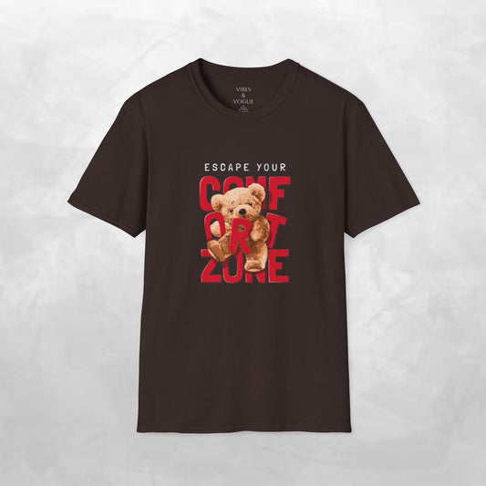 Escape Your Comfort Zone Teddy Bear T-Shirt, Cute Unisex Tee, Motivational Apparel, Gift for Friends, Casual Wear, Unique Design