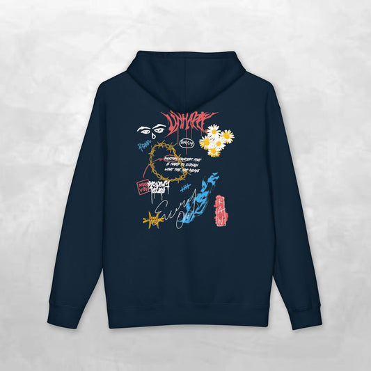 Graphic Hoodie — Collage Floral & Handwritten Logo Back Print