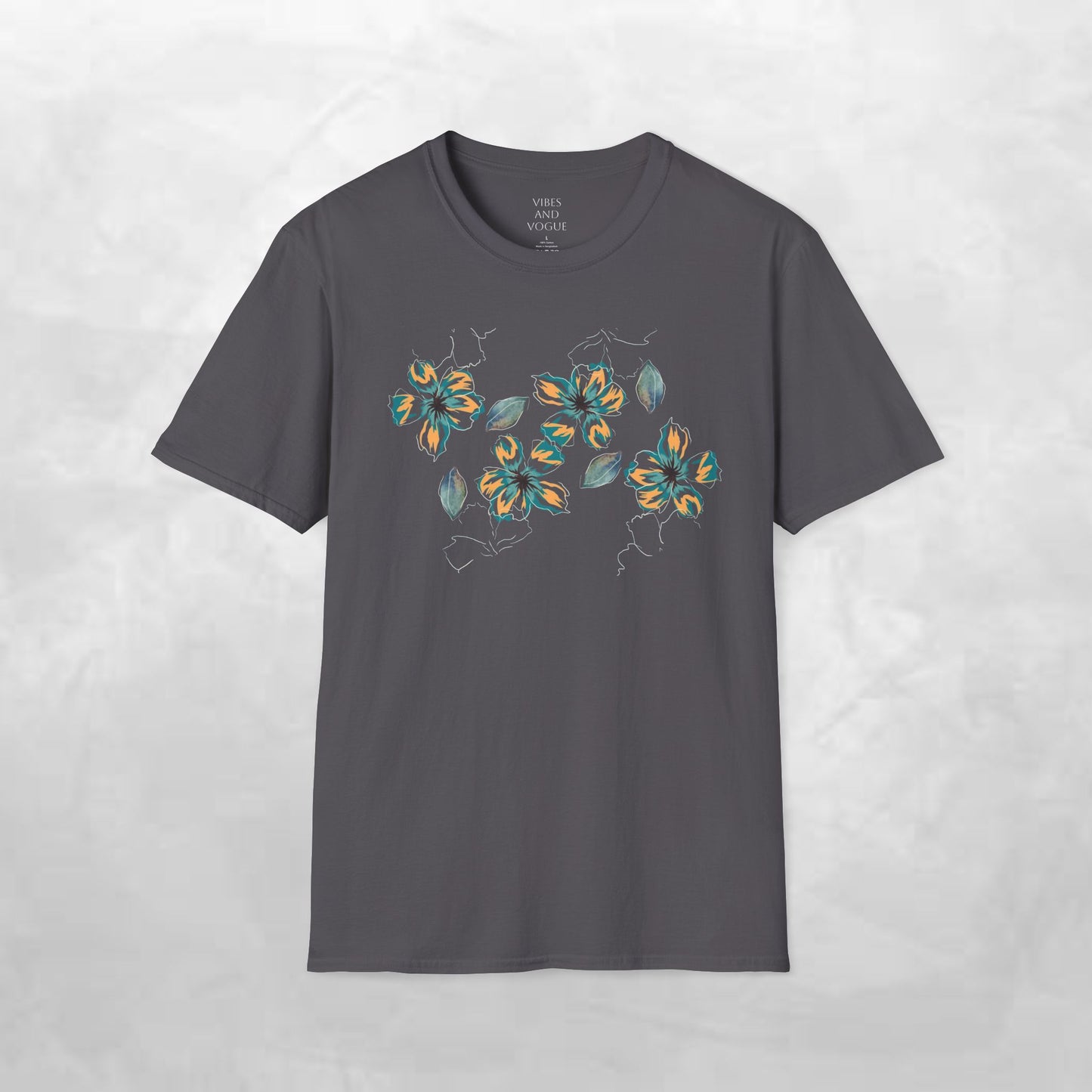 Floral Watercolor Tee — Teal & Gold Blossom Graphic T-Shirt
