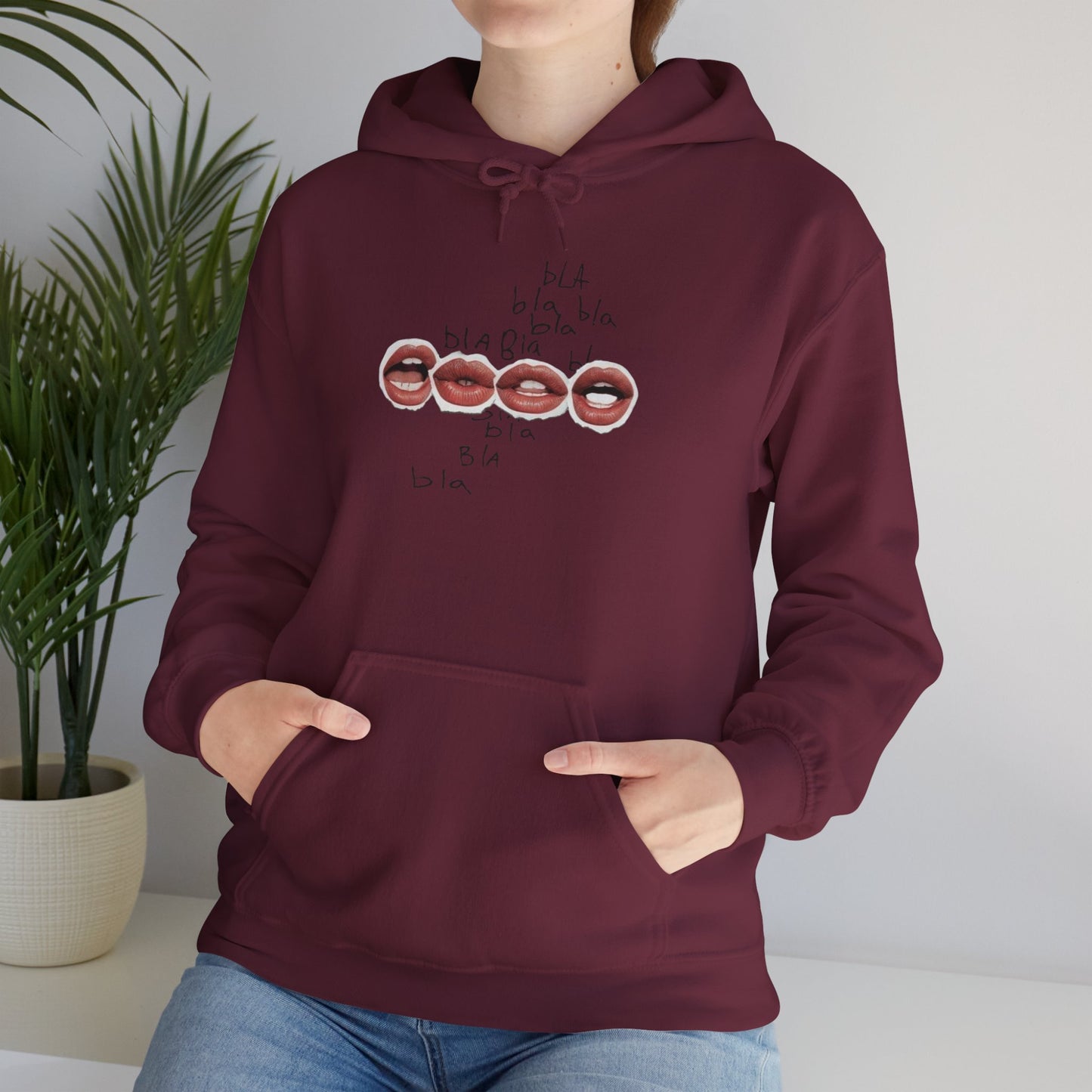 Graphic Hoodie — 'BLA BLA' Lip Print Pullover