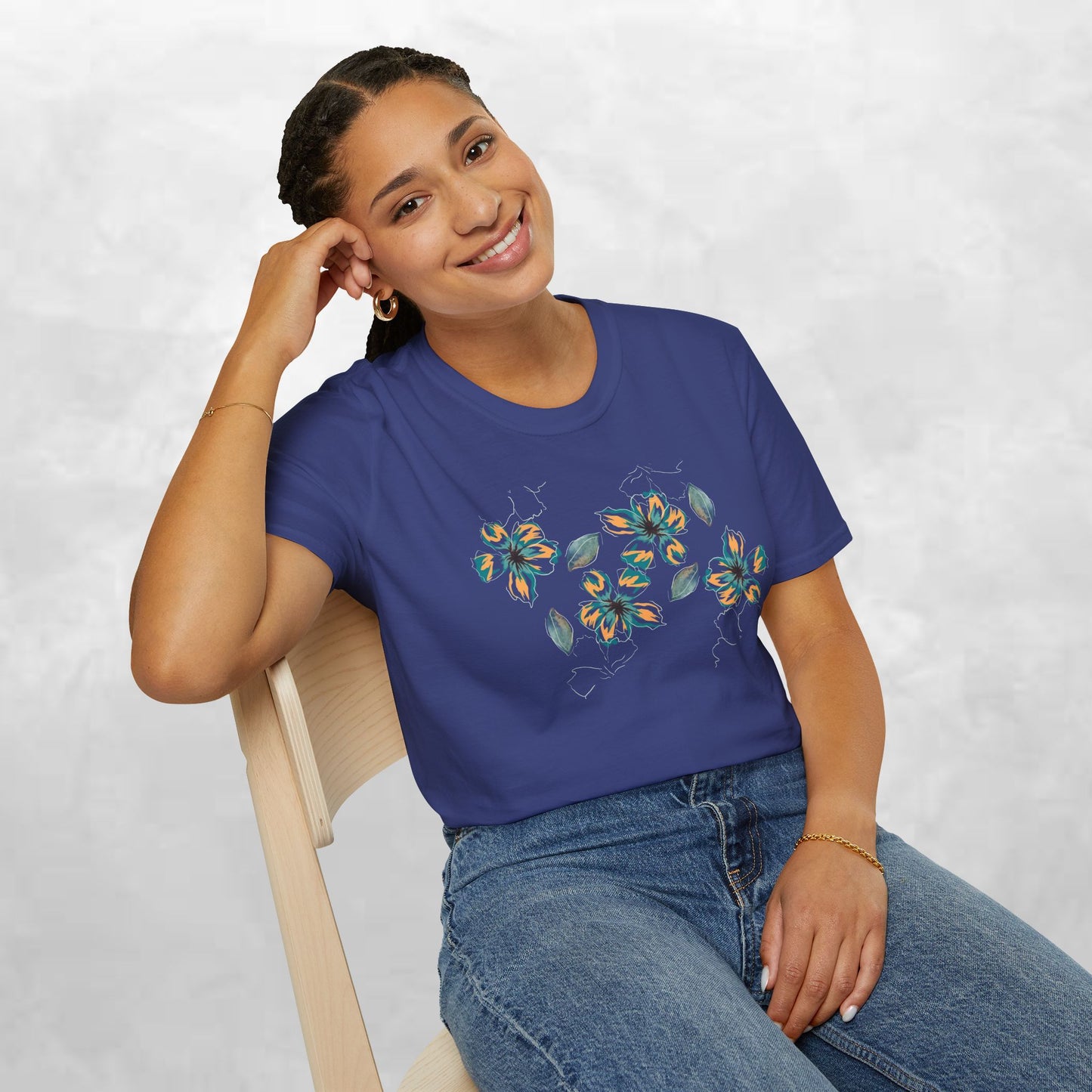 Floral Watercolor Tee — Teal & Gold Blossom Graphic T-Shirt