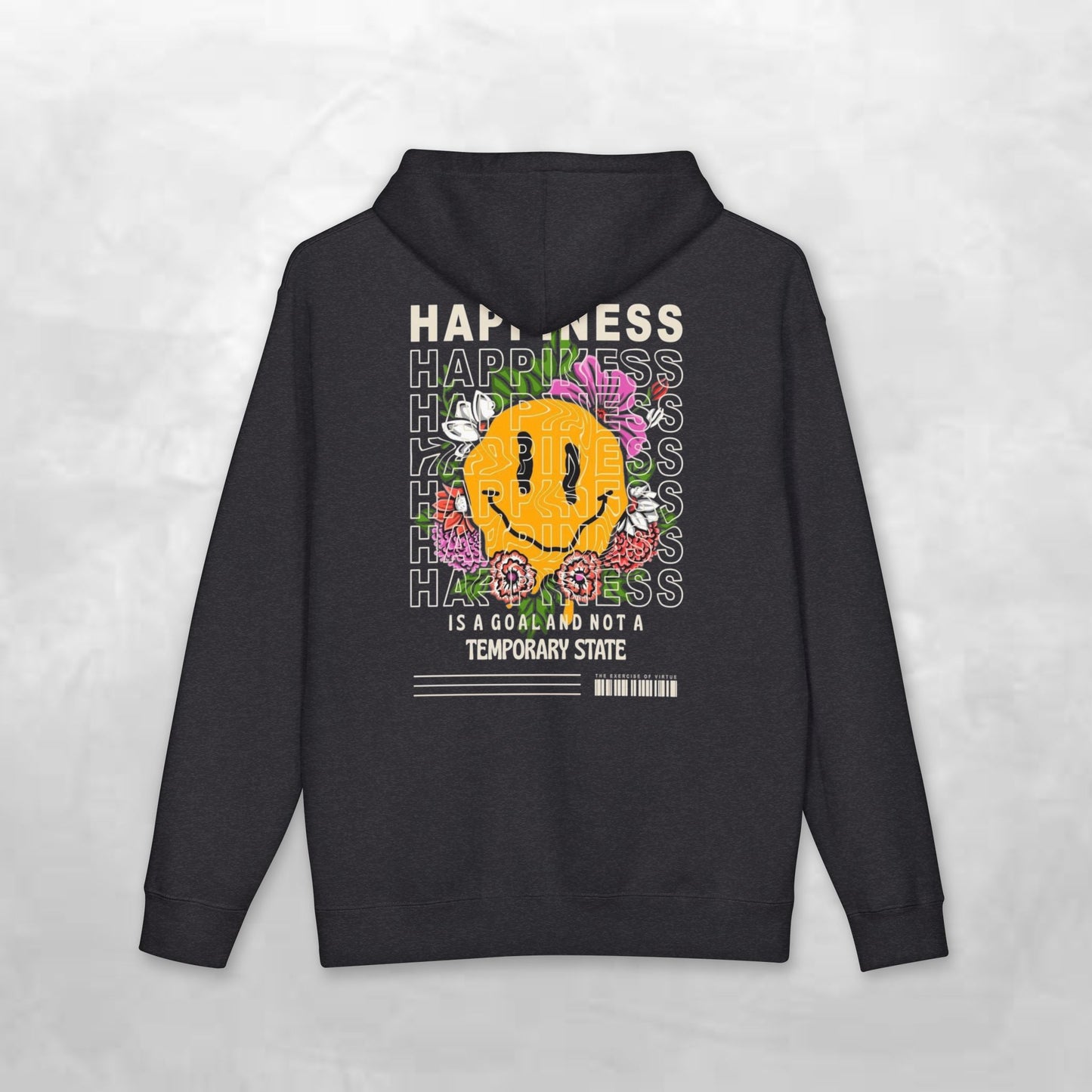 Happiness Smiley Hoodie — Floral Graphic Backprint Hooded Sweatshirt