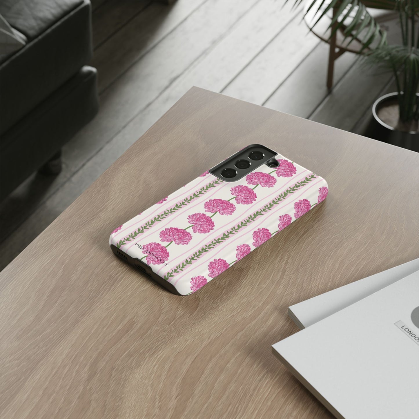 Floral Carnation Phone Case — Pink Vintage Stripe Tough Case